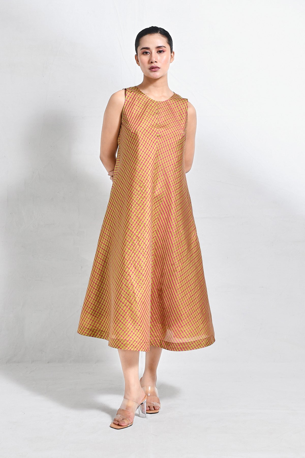 Bangalore Silk Checks Sleeveless A - line Dress - CiceroniDressesHiranya