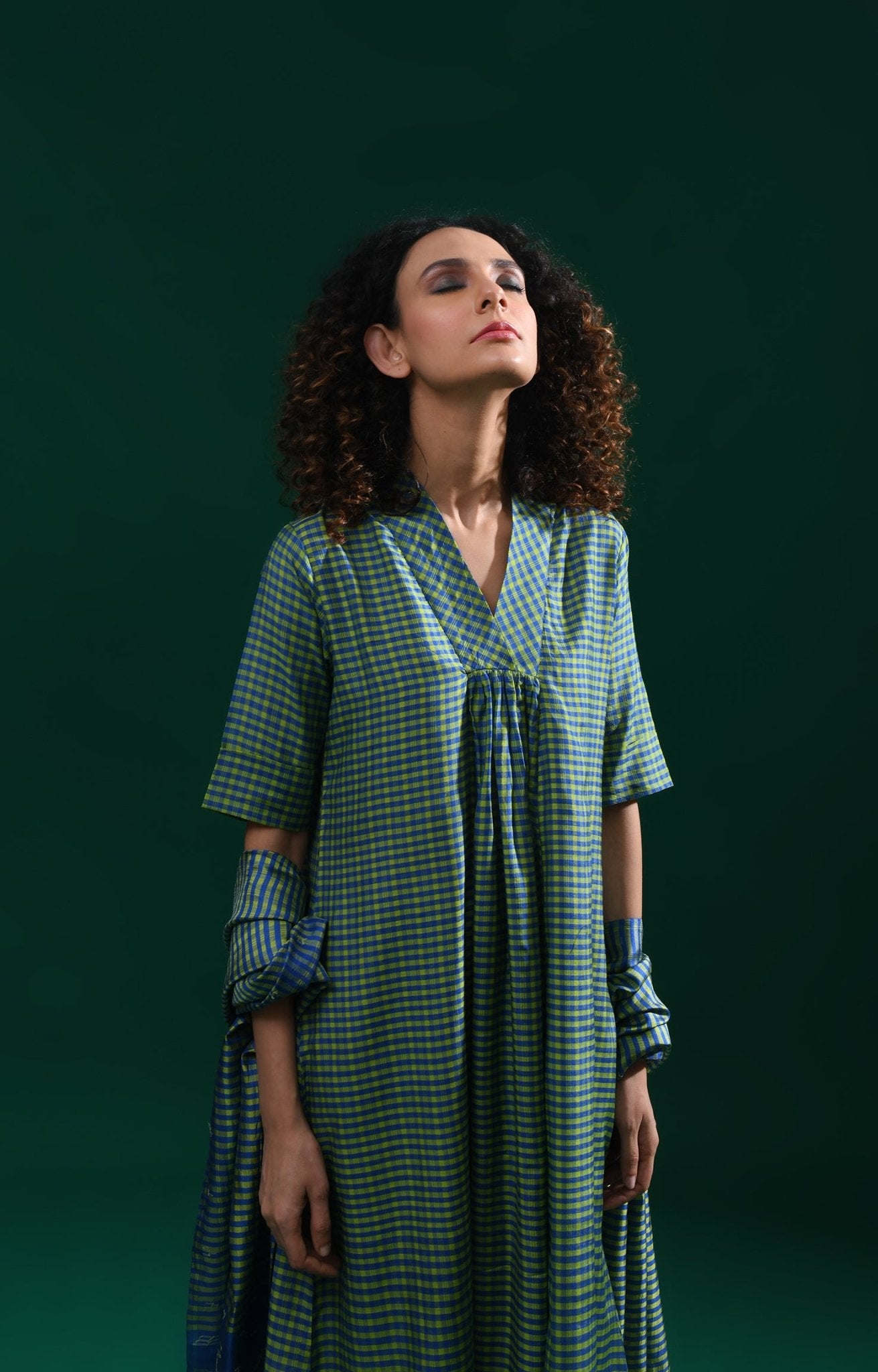 Bangalore Silk Plaid Co - Ord Set with Silk Jamdani Dupatta (Set of 3) - Green & Blue - CiceroniKurta Set, Festive WearHiranya