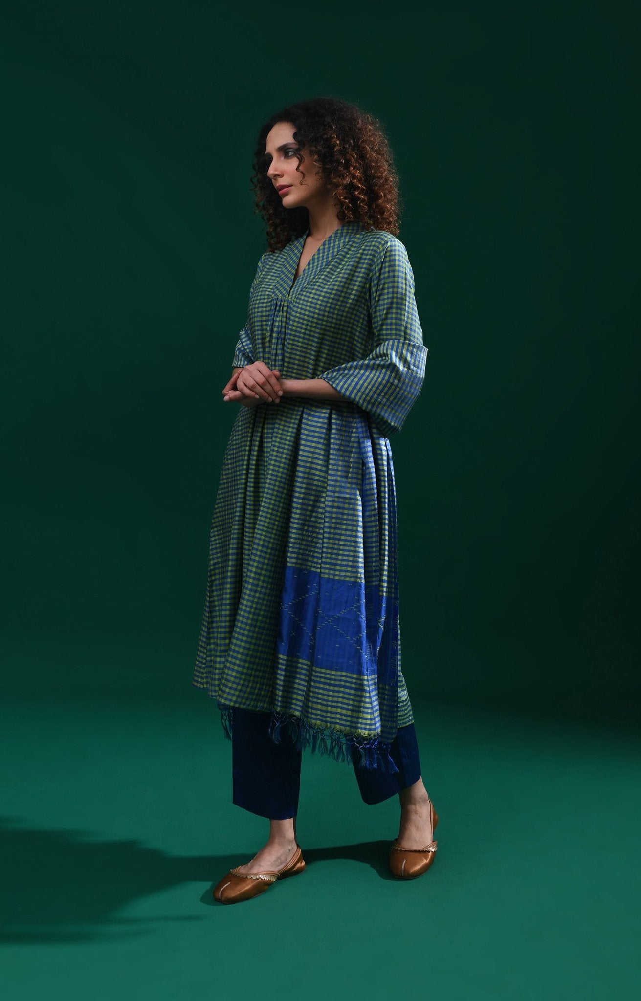 Bangalore Silk Plaid Co - Ord Set with Silk Jamdani Dupatta (Set of 3) - Green & Blue - CiceroniKurta Set, Festive WearHiranya