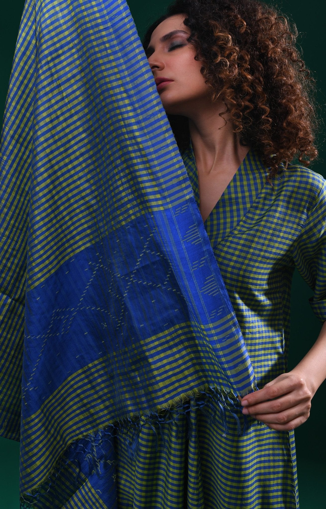 Bangalore Silk Plaid Co - Ord Set with Silk Jamdani Dupatta (Set of 3) - Green & Blue - CiceroniKurta Set, Festive WearHiranya