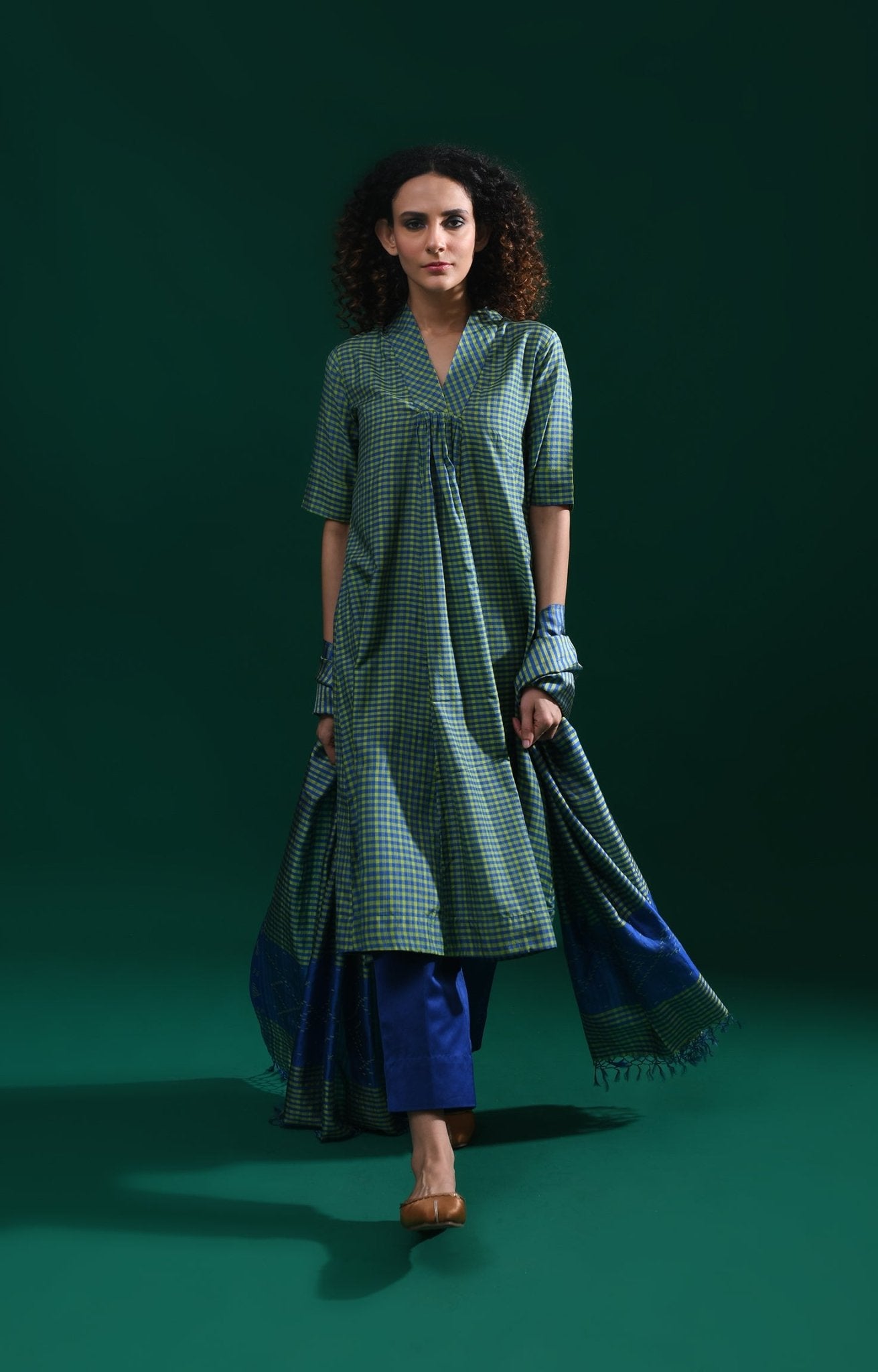 Bangalore Silk Plaid Co - Ord Set with Silk Jamdani Dupatta (Set of 3) - Green & Blue - CiceroniKurta Set, Festive WearHiranya