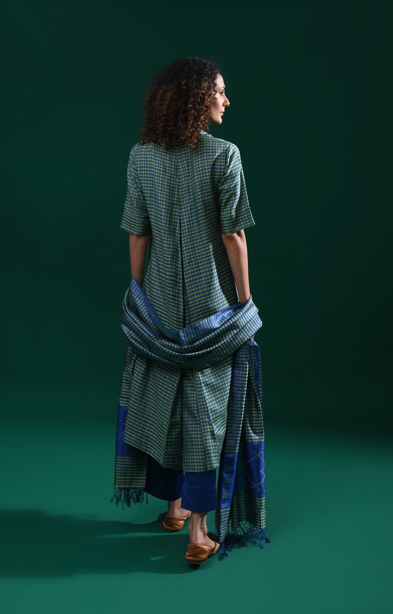 Bangalore Silk Plaid Co - Ord Set with Silk Jamdani Dupatta (Set of 3) - Green & Blue - CiceroniKurta Set, Festive WearHiranya