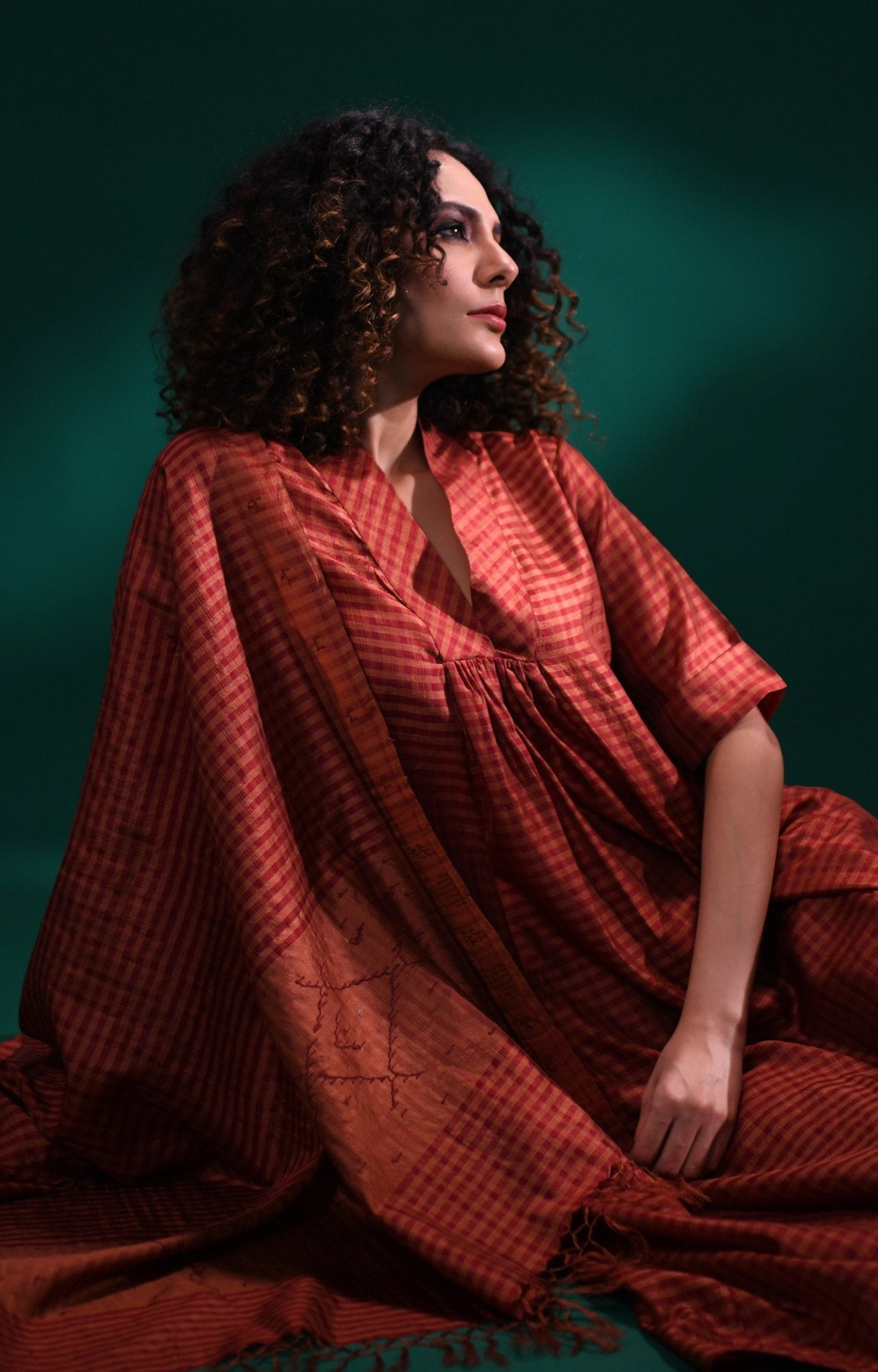 Bangalore Silk Plaid Co - Ord Set with Silk Jamdani Dupatta (Set of 3) - Maroon - CiceroniKurta Set, Festive WearHiranya