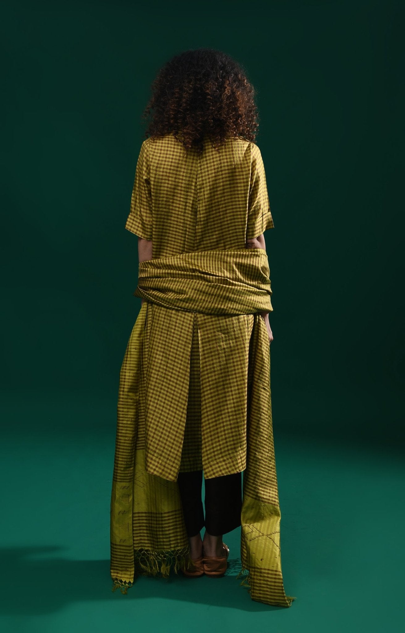 Bangalore Silk Plaid Co - Ord Set with Silk Jamdani Dupatta (Set of 3) - Mustard & Brown - CiceroniKurta Set, Festive WearHiranya