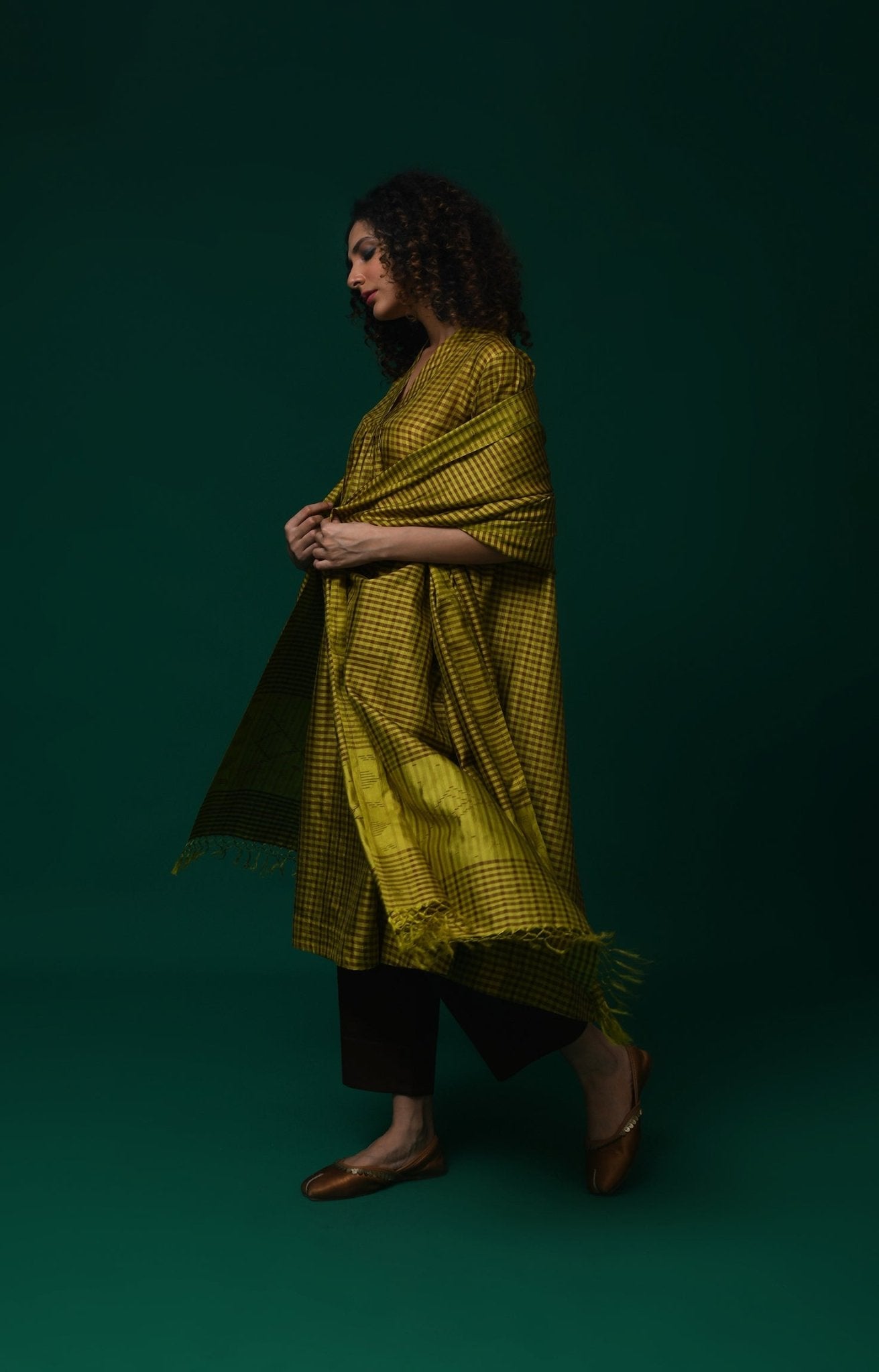 Bangalore Silk Plaid Co - Ord Set with Silk Jamdani Dupatta (Set of 3) - Mustard & Brown - CiceroniKurta Set, Festive WearHiranya