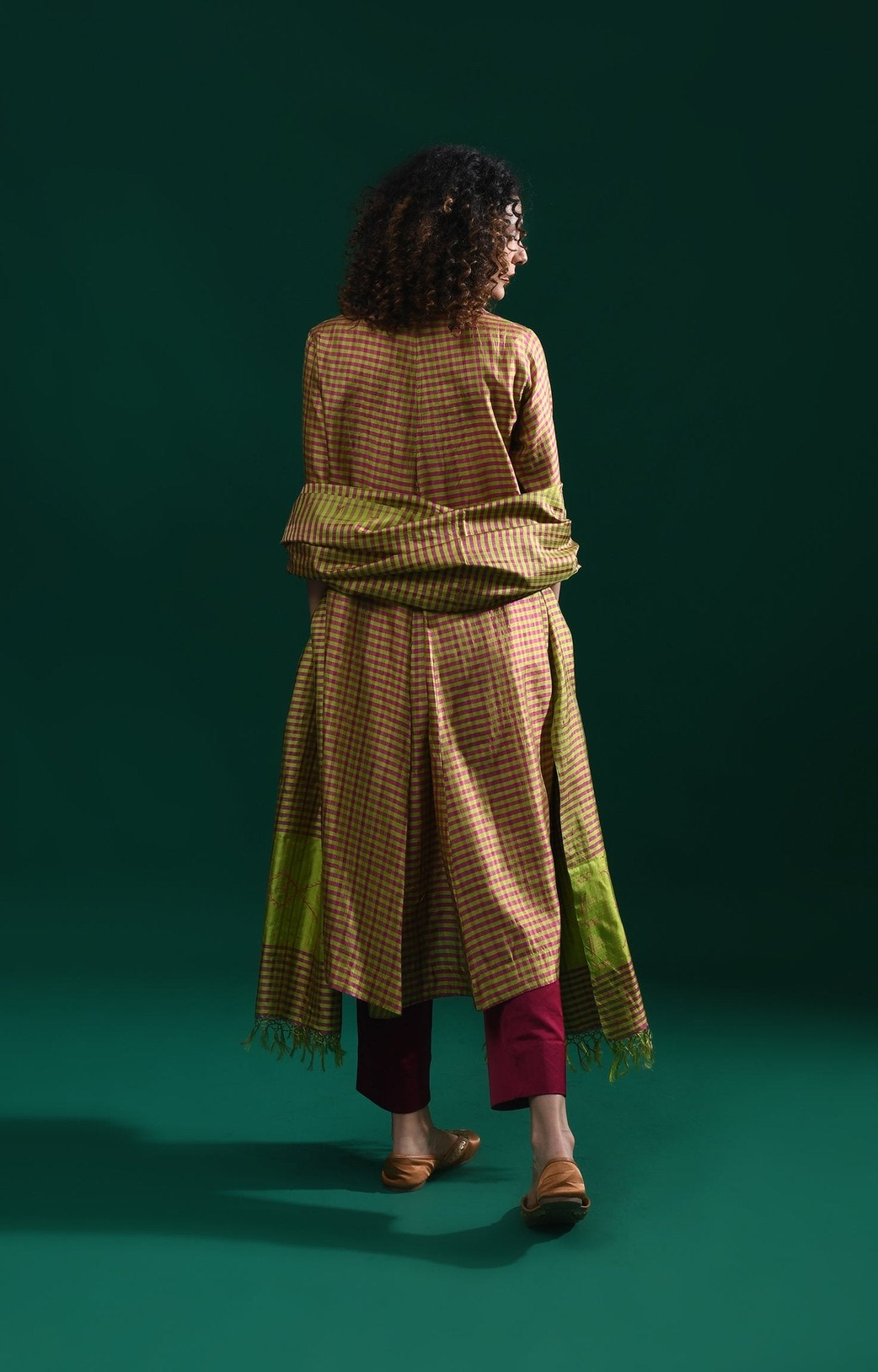 Bangalore Silk Plaid Co - Ord Set with Silk Jamdani Dupatta (Set of 3) - Olive and Pink - CiceroniKurta Set, Festive WearHiranya