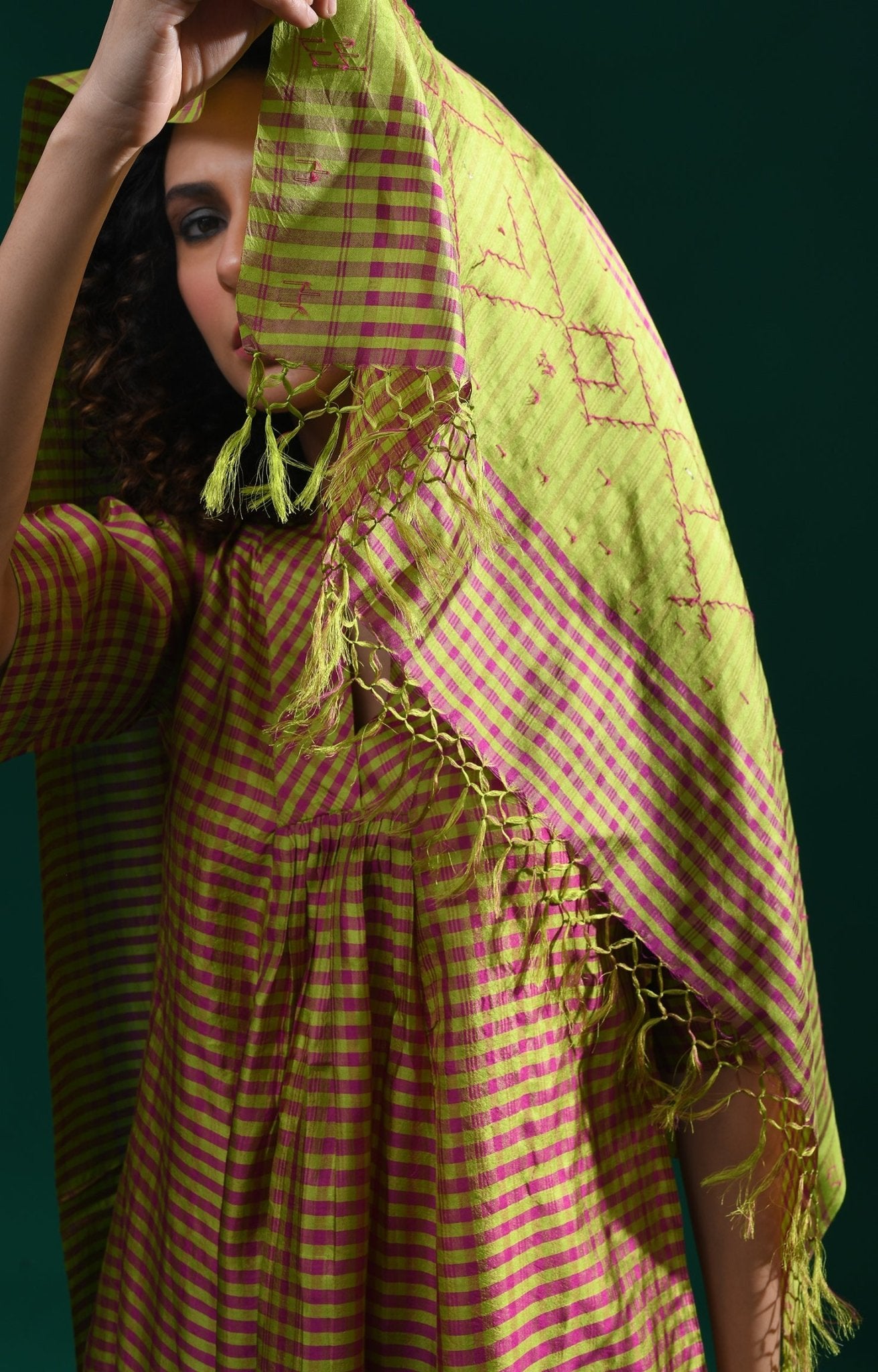 Bangalore Silk Plaid Co - Ord Set with Silk Jamdani Dupatta (Set of 3) - Olive and Pink - CiceroniKurta Set, Festive WearHiranya