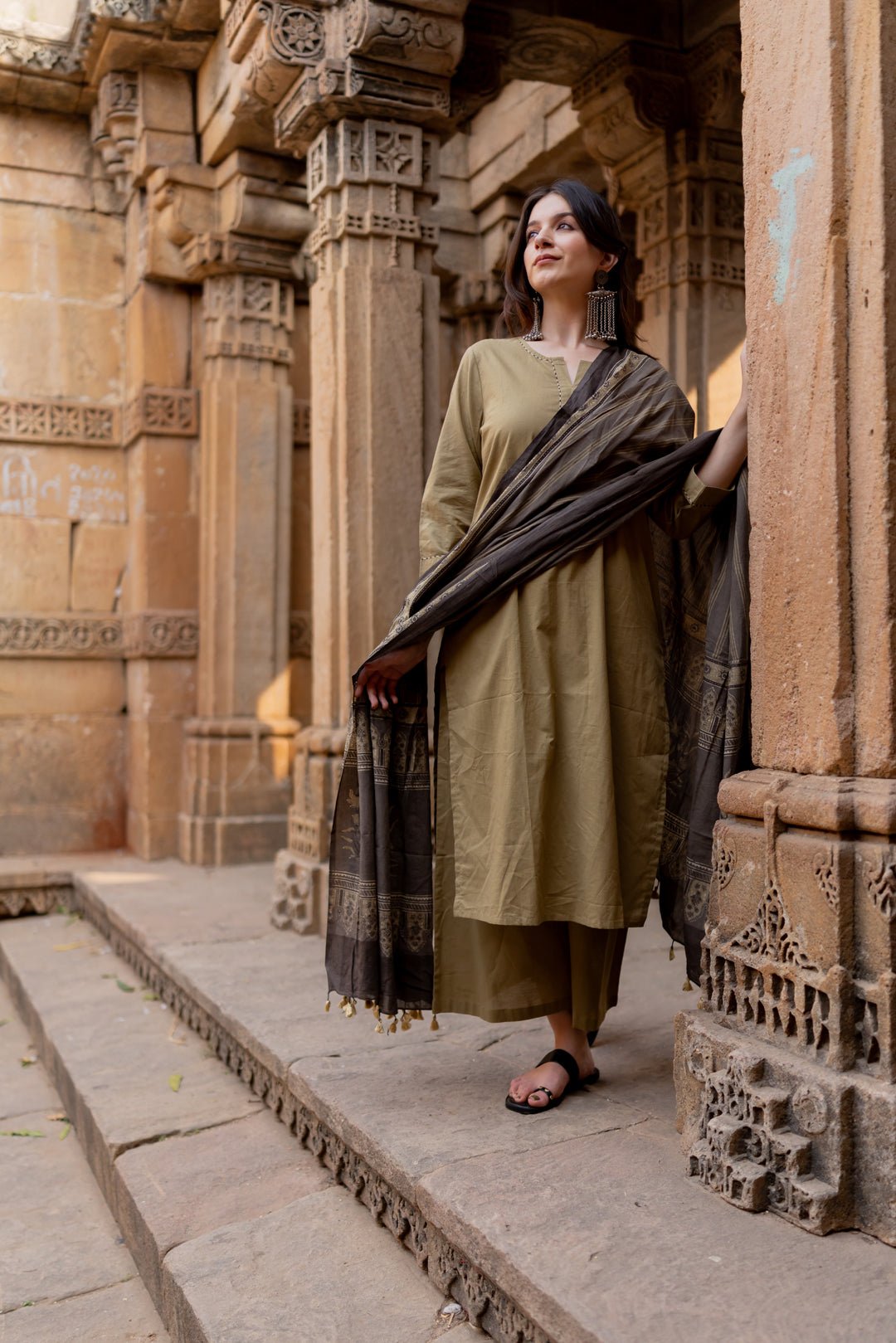 Banni Clay Kurta Set with Ajrakh Dupatta - CiceroniKurta Set, Everyday WearMaidaan