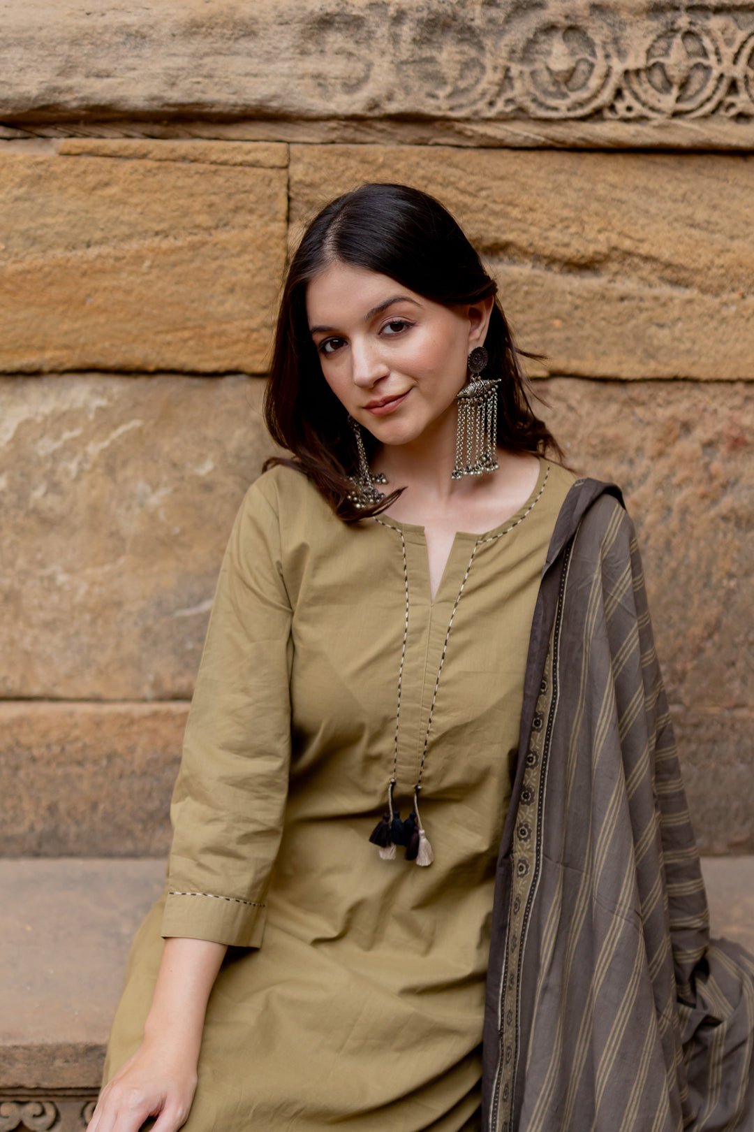 Banni Clay Kurta Set with Ajrakh Dupatta - CiceroniKurta Set, Everyday WearMaidaan
