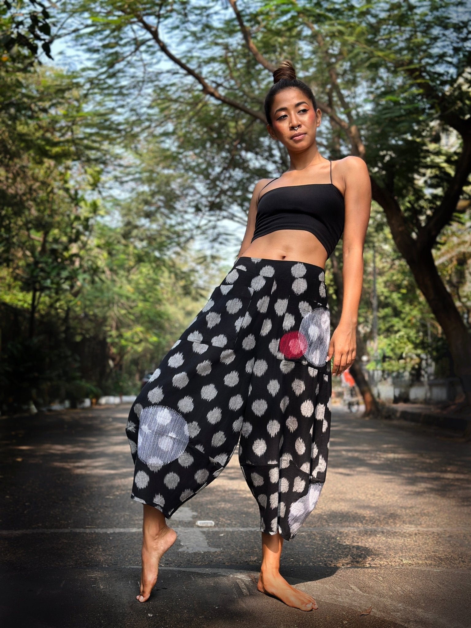 Barrel Pants in Black Ikat Polka - CiceroniWomen PantsChiu