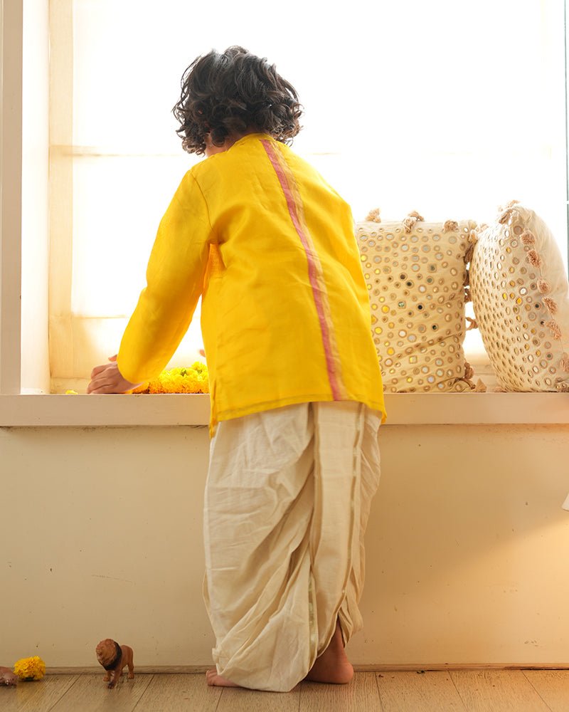 Basant side button short festive kurta in yellow - CiceroniKurta, Festive WearLove The World Today