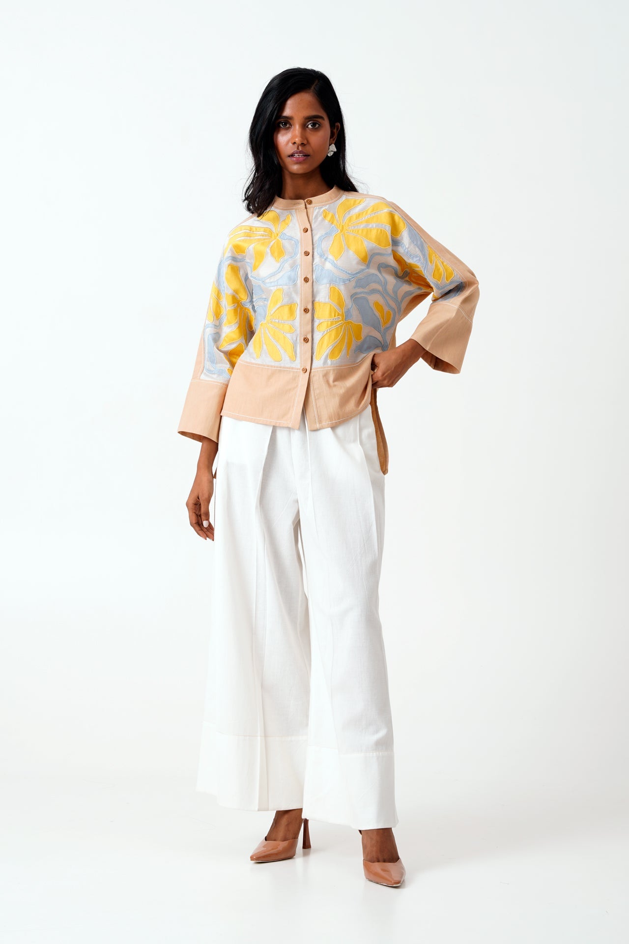 Bask & Pete - Latte Panel Appliqued Top + White Pleated Pants - CiceroniCo - ord SetMadder Much