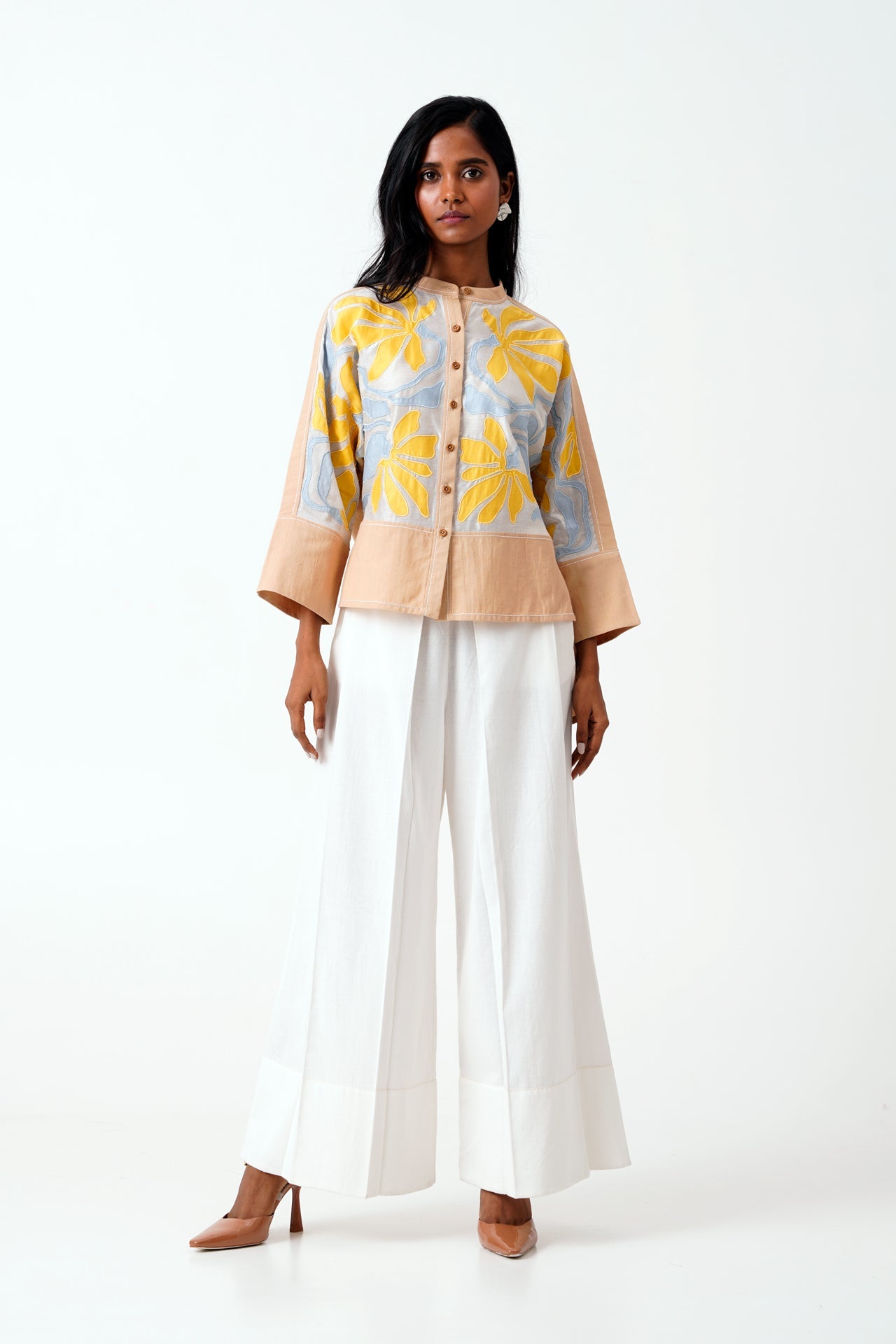 Bask & Pete - Latte Panel Appliqued Top + White Pleated Pants - CiceroniCo - ord SetMadder Much