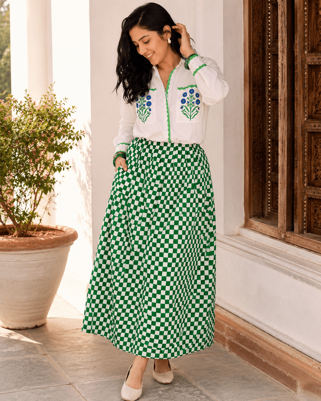 Bawari Skirt - Dark Green Checks - CiceroniSkirtsThe Raw India