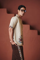 Beige Coffee Chintz Co - Linen Men's Camp Collar Shirt Set - CiceroniCo - ord SetSaphed