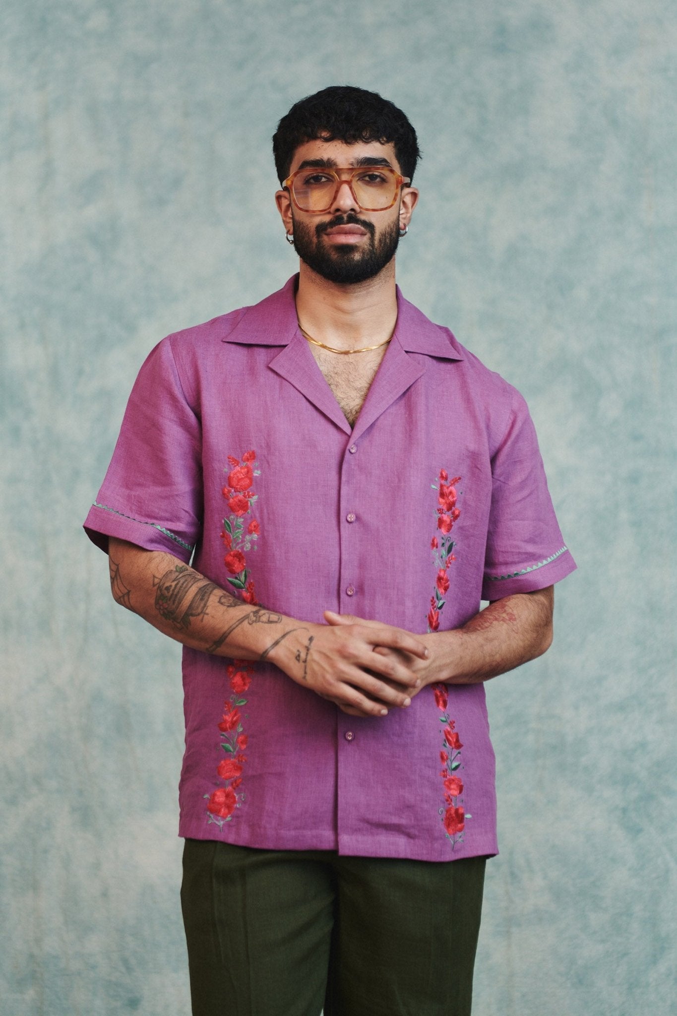 Berry Linen Embroidered Men's Camp Collar Shirt - CiceroniMen ShirtsSaphed