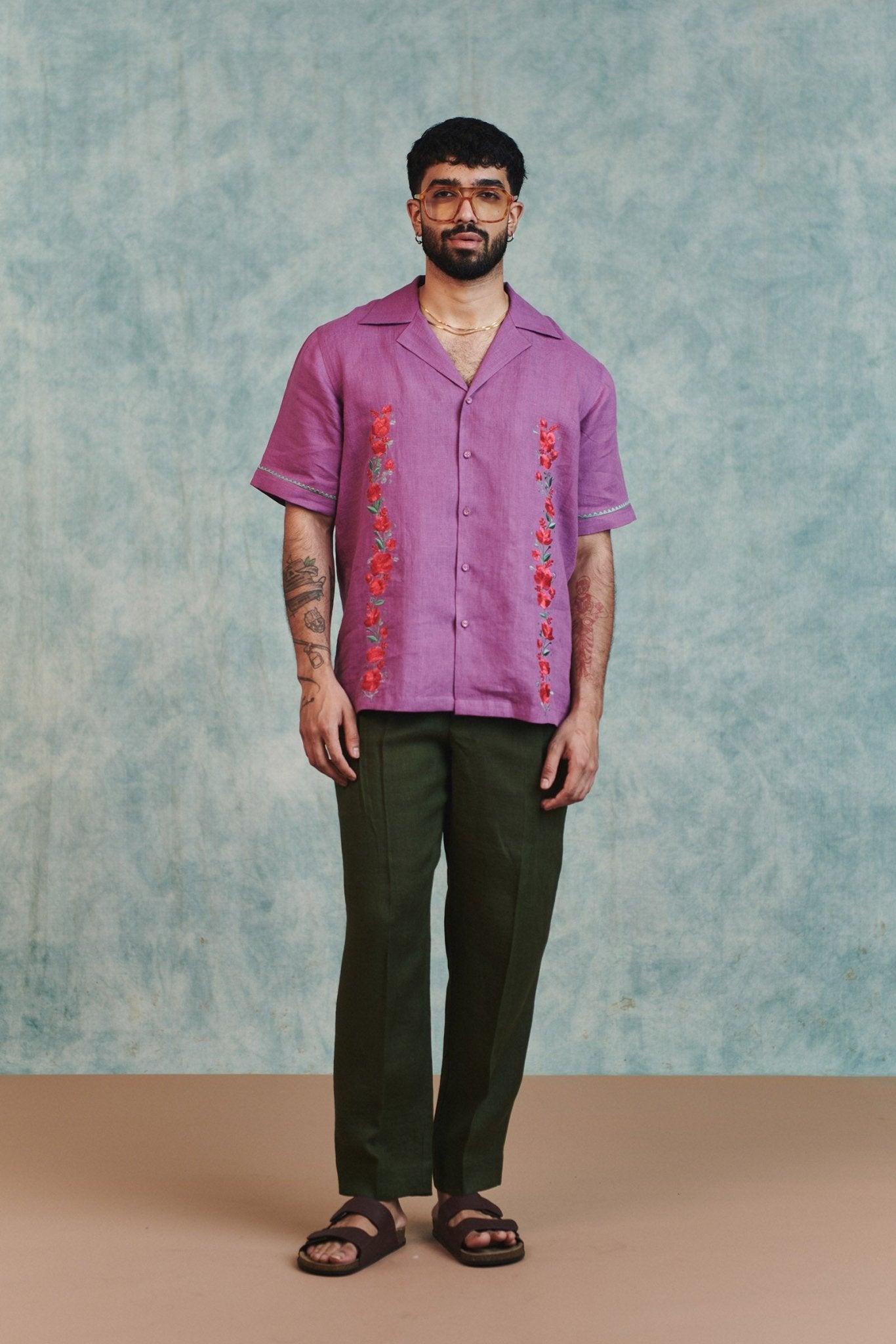 Berry Linen Embroidered Men's Camp Collar Shirt - CiceroniMen ShirtsSaphed