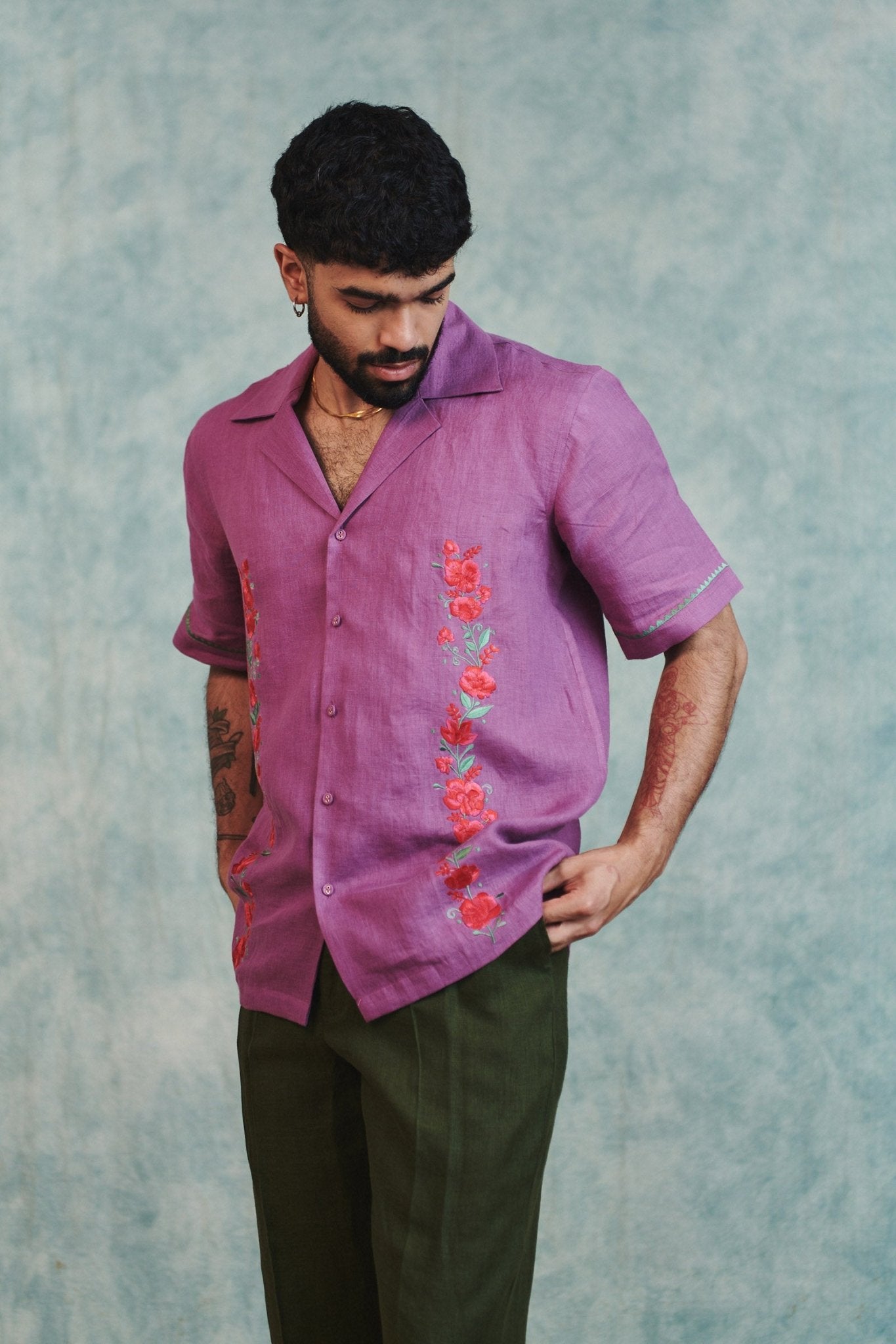 Berry Linen Embroidered Men's Camp Collar Shirt - CiceroniMen ShirtsSaphed