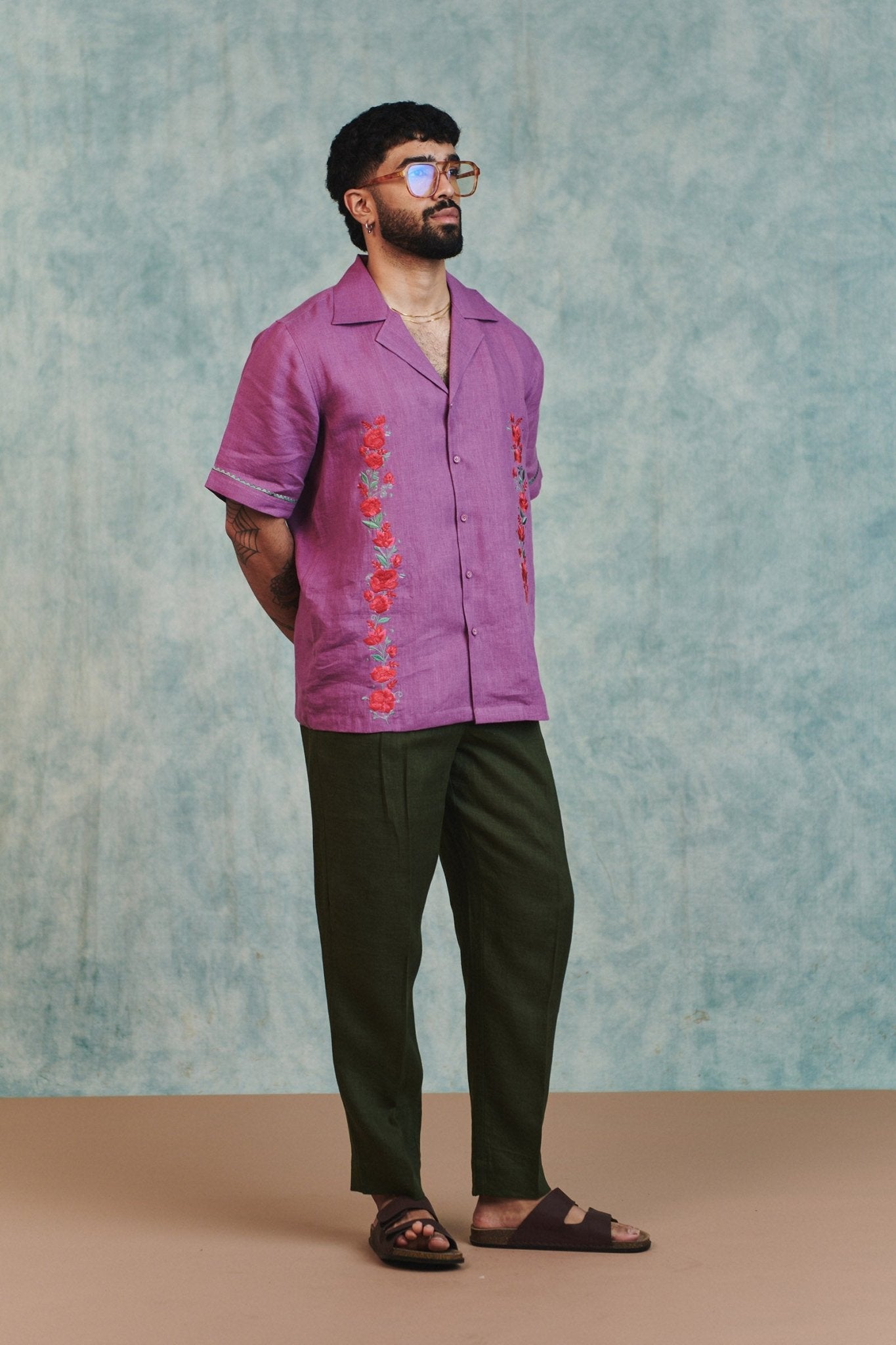 Berry Linen Embroidered Men's Camp Collar Shirt - CiceroniMen ShirtsSaphed