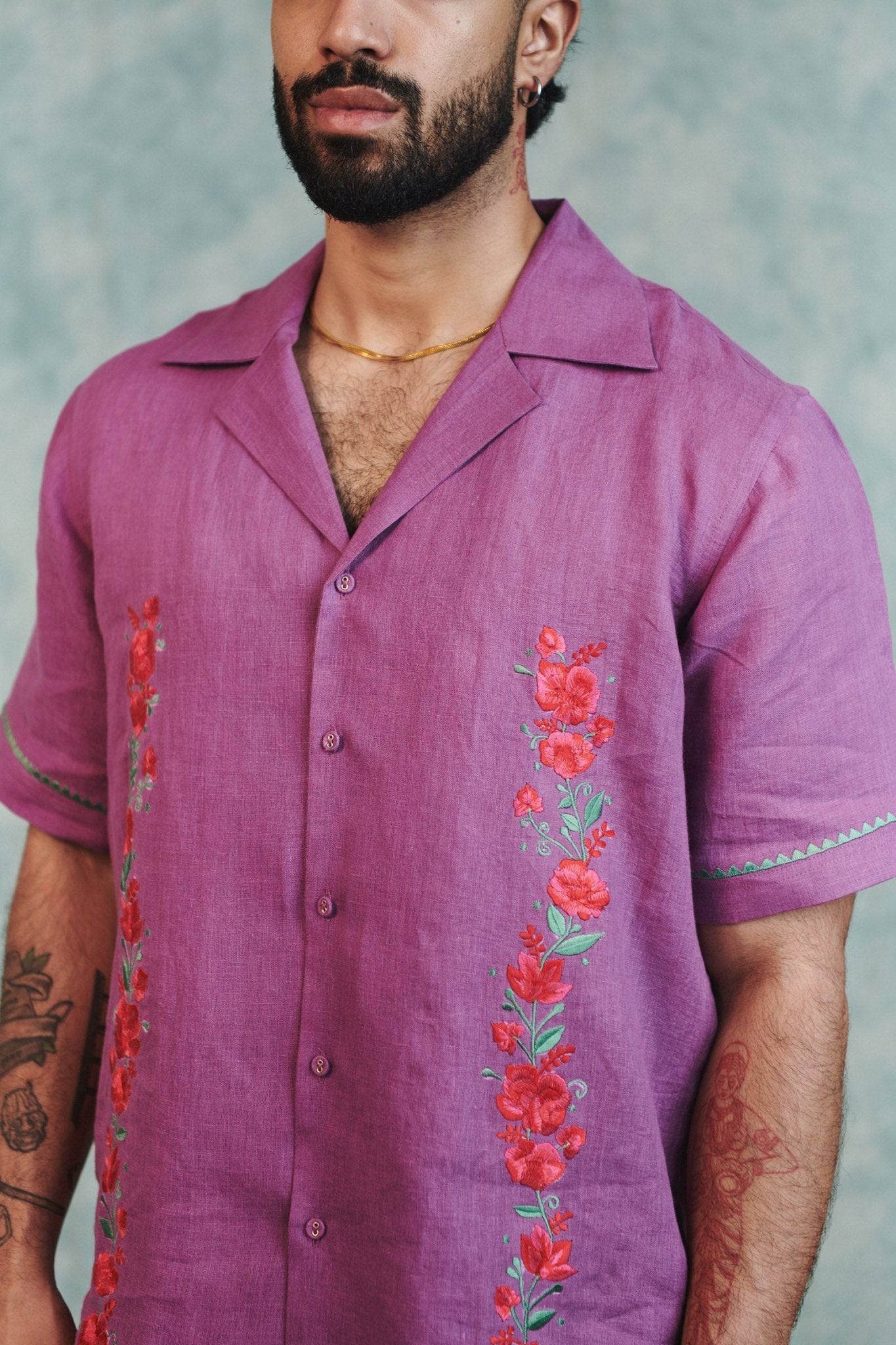 Berry Linen Embroidered Men's Camp Collar Shirt - CiceroniMen ShirtsSaphed