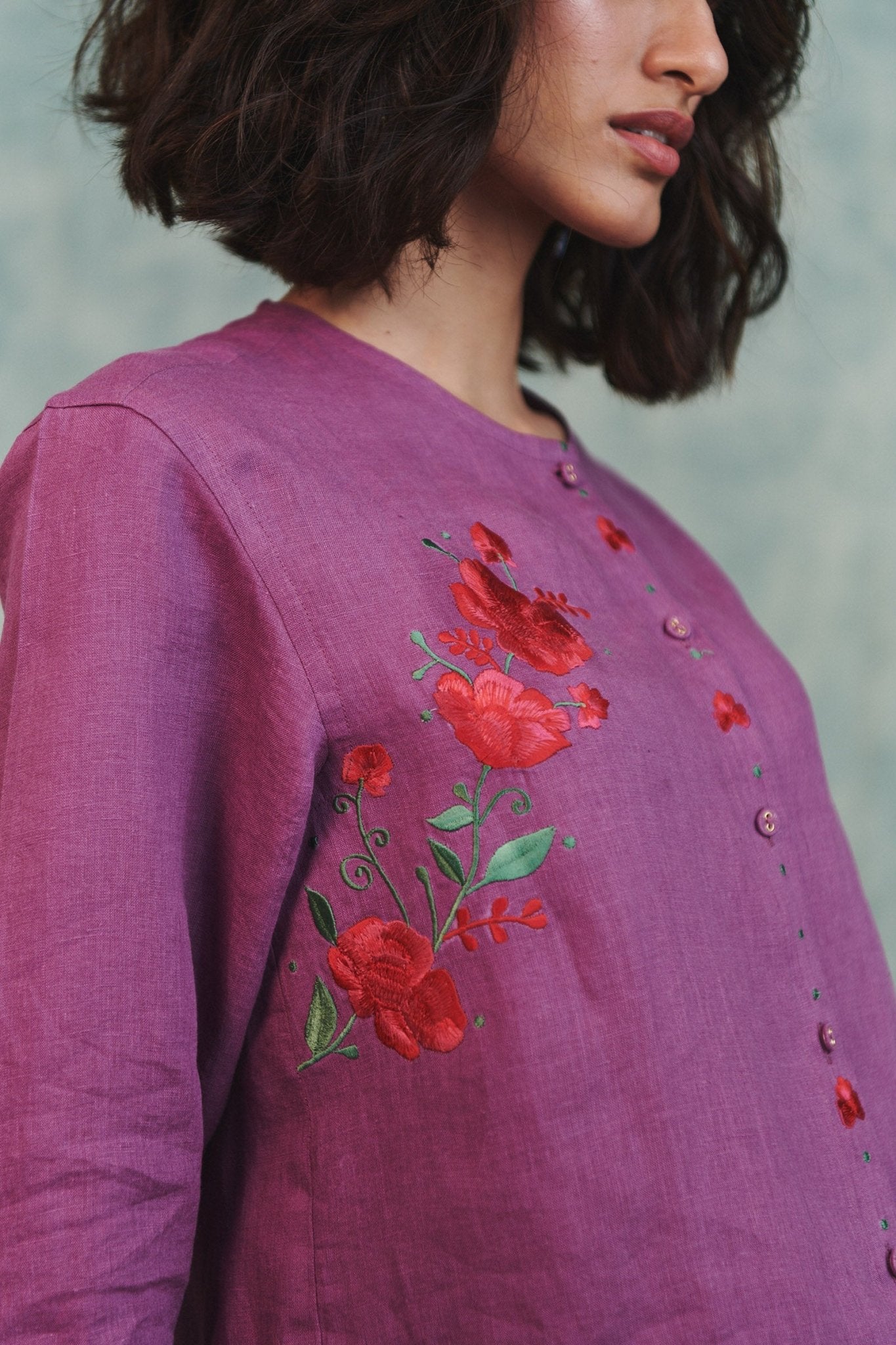 Berry Linen Embroidered Round Hem Shirt - CiceroniWomen ShirtsSaphed