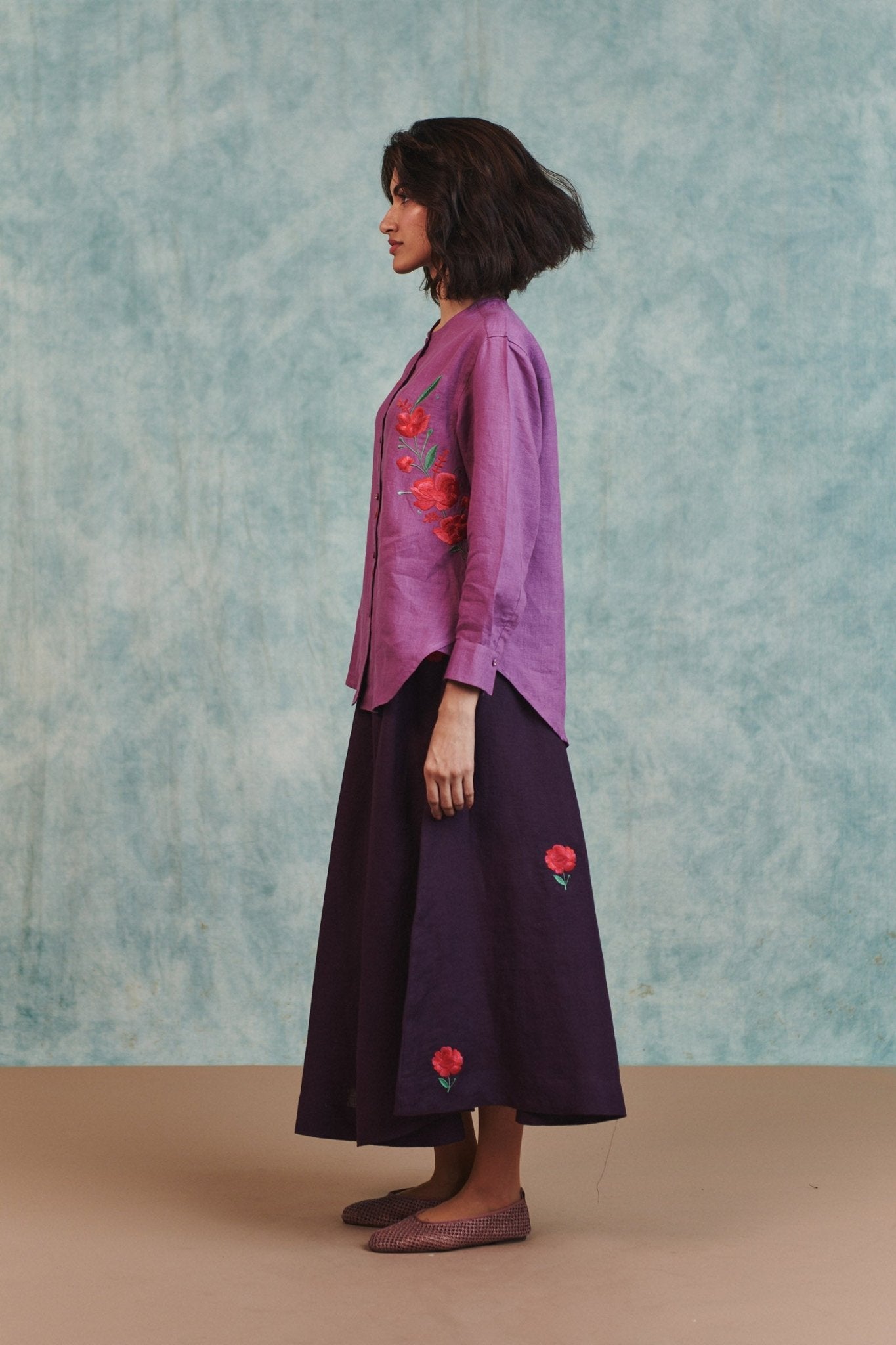 Berry Linen Embroidered Shirt and Plum Linen Flared Skirt Set - CiceroniSkirt SetSaphed