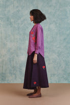 Berry Linen Embroidered Shirt and Plum Linen Flared Skirt Set - CiceroniSkirt SetSaphed