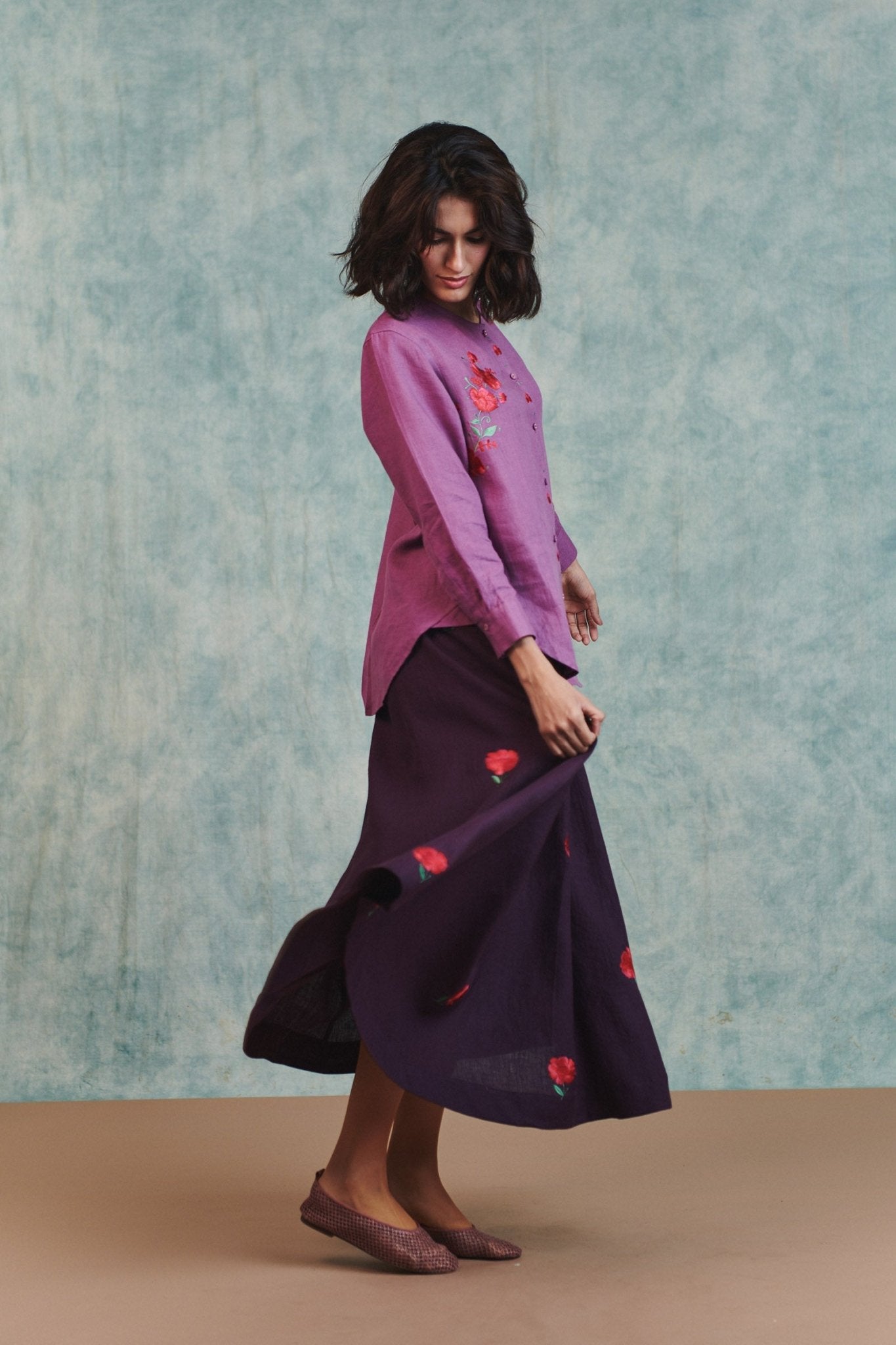 Berry Linen Embroidered Shirt and Plum Linen Flared Skirt Set - CiceroniSkirt SetSaphed