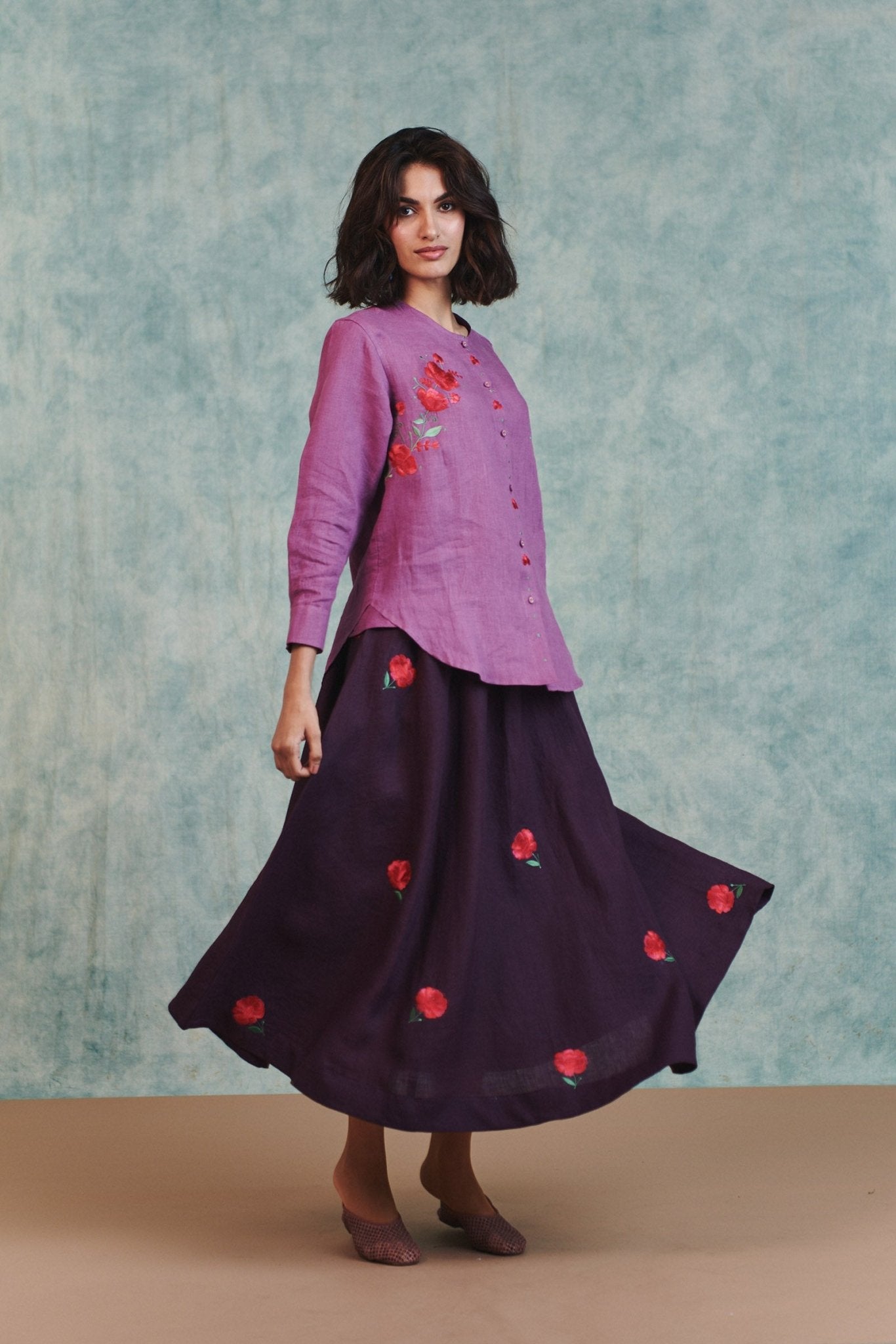 Berry Linen Embroidered Shirt and Plum Linen Flared Skirt Set - CiceroniSkirt SetSaphed