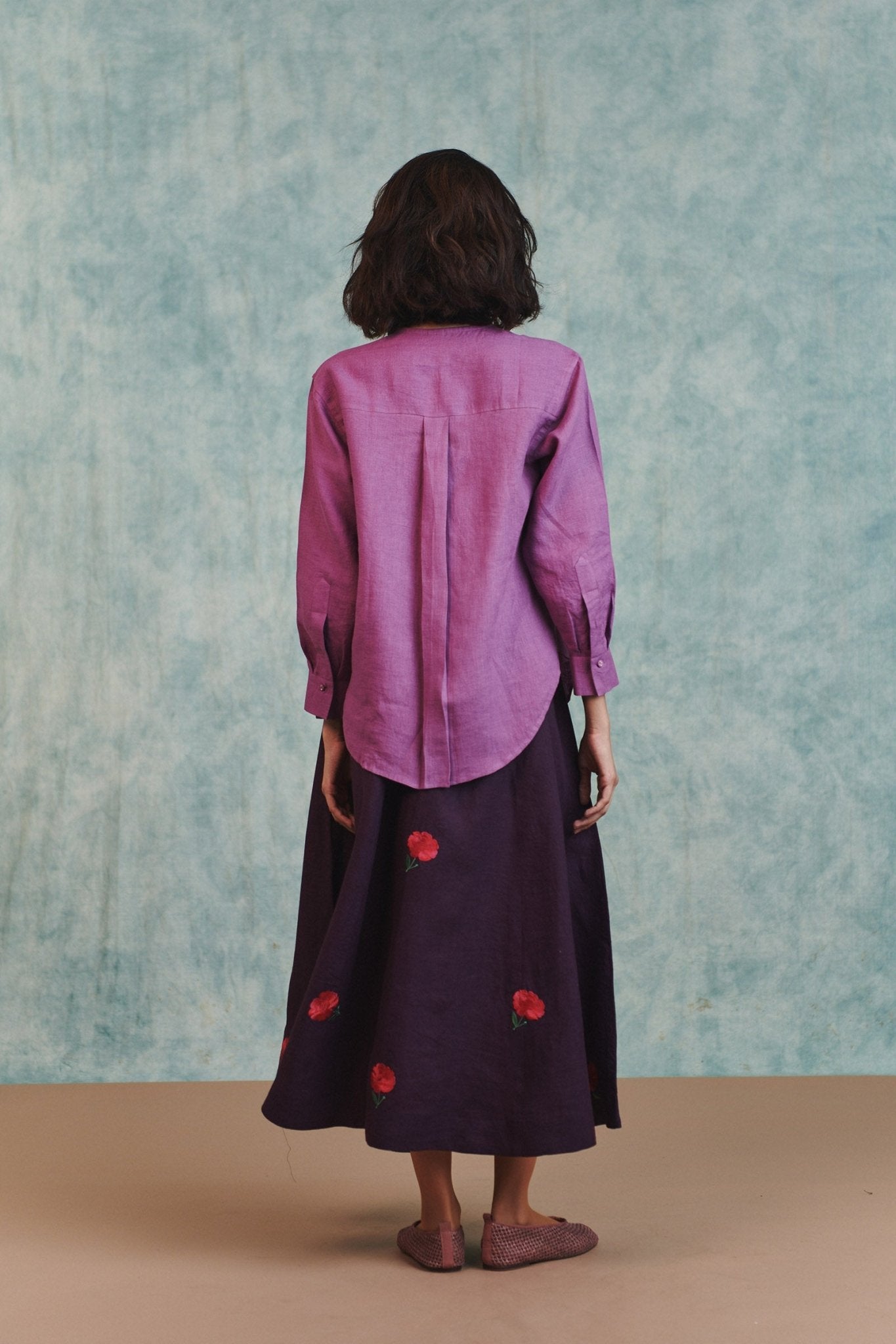 Berry Linen Embroidered Shirt and Plum Linen Flared Skirt Set - CiceroniSkirt SetSaphed