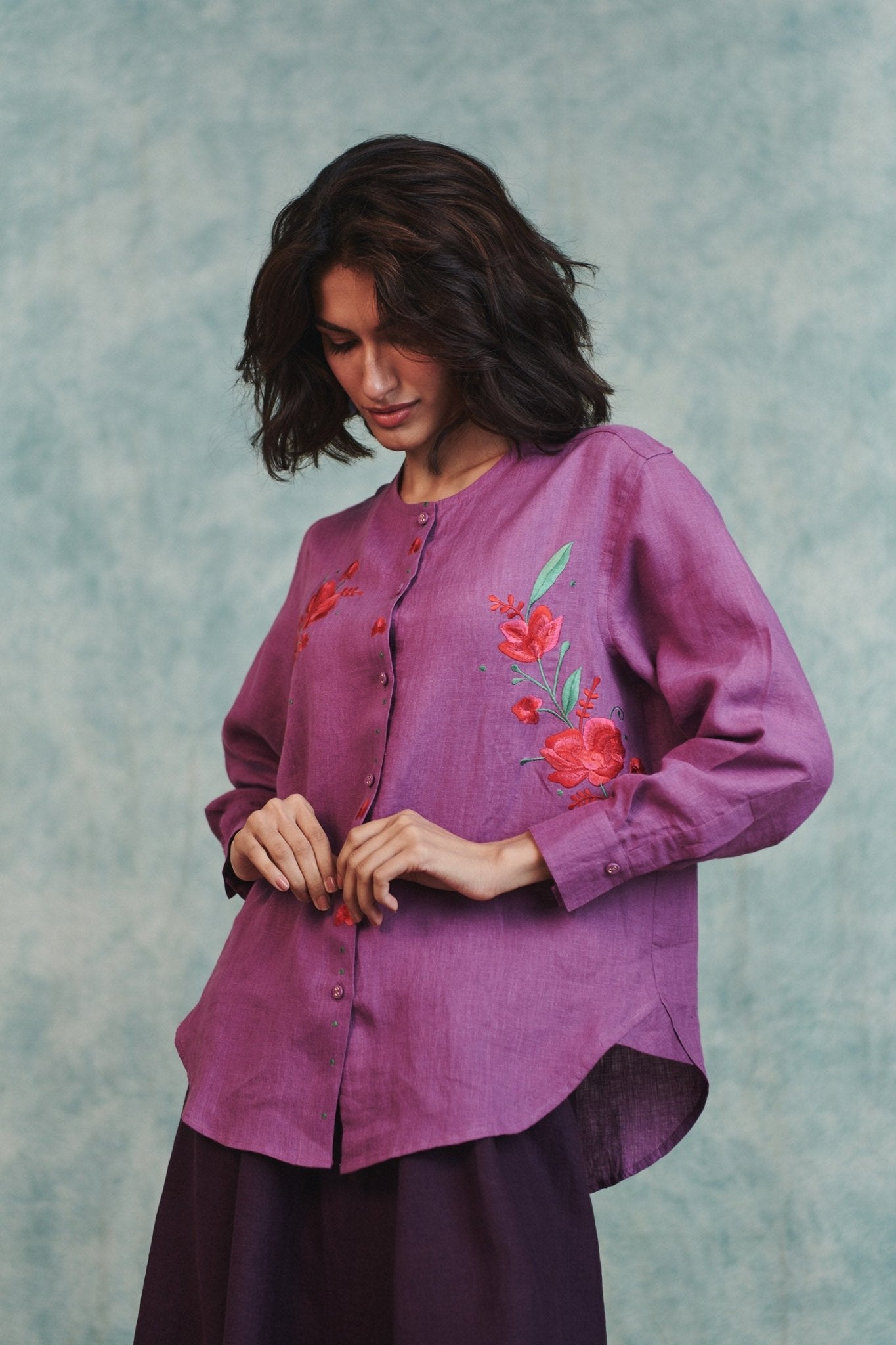 Berry Linen Embroidered Shirt and Plum Linen Flared Skirt Set - CiceroniSkirt SetSaphed