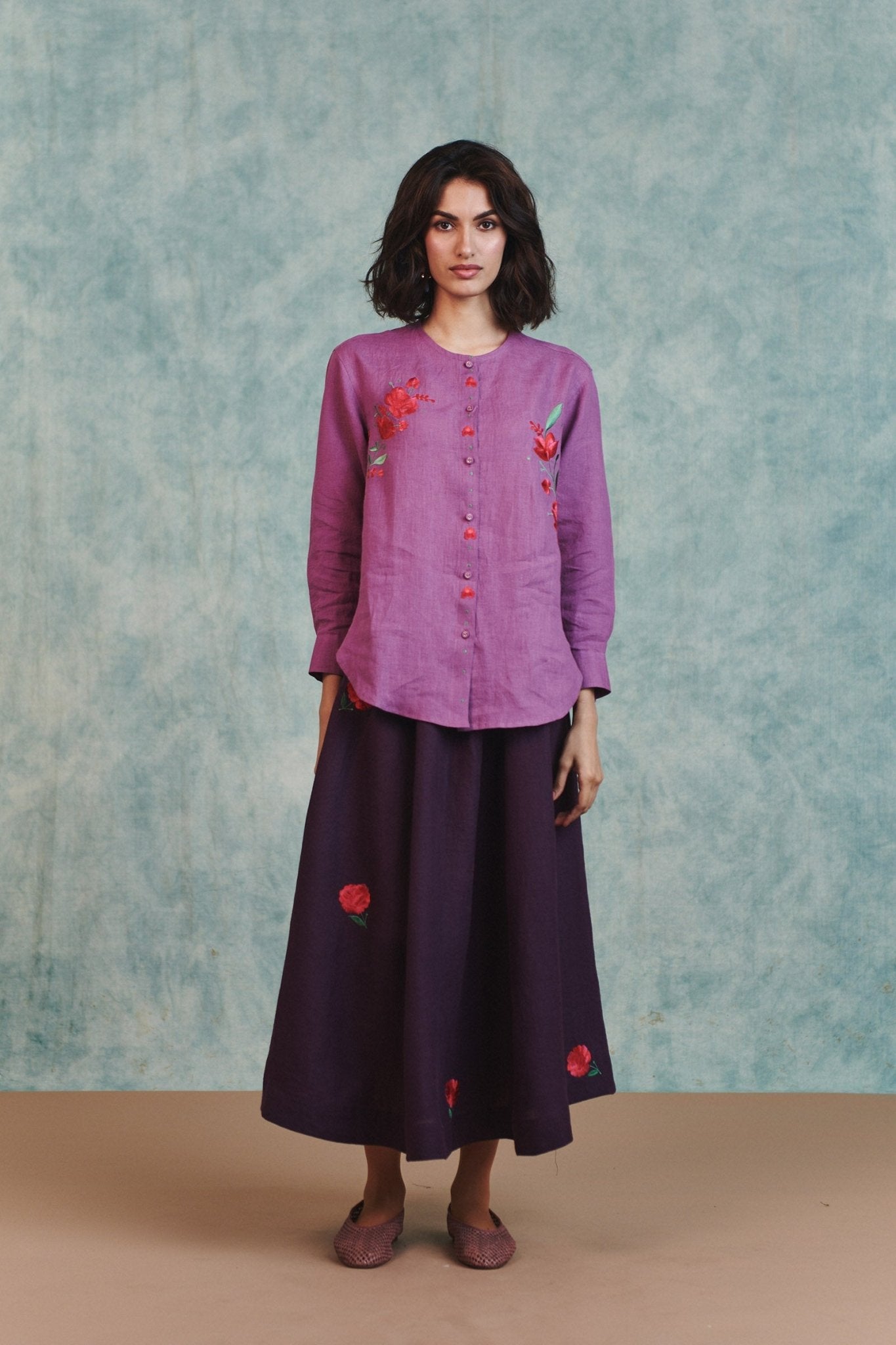 Berry Linen Embroidered Shirt and Plum Linen Flared Skirt Set - CiceroniSkirt SetSaphed