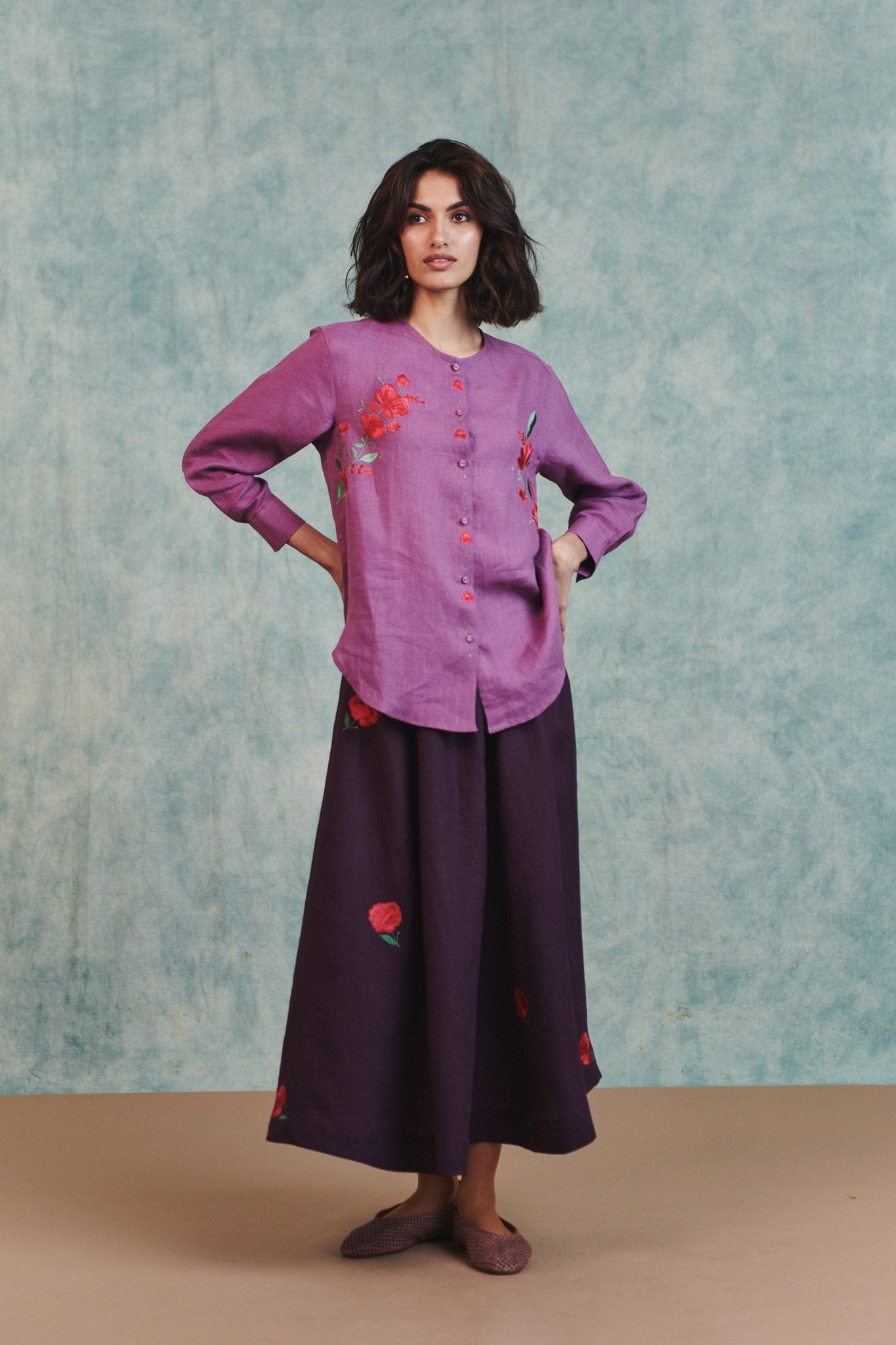 Berry Linen Embroidered Shirt and Plum Linen Flared Skirt Set - CiceroniSkirt SetSaphed