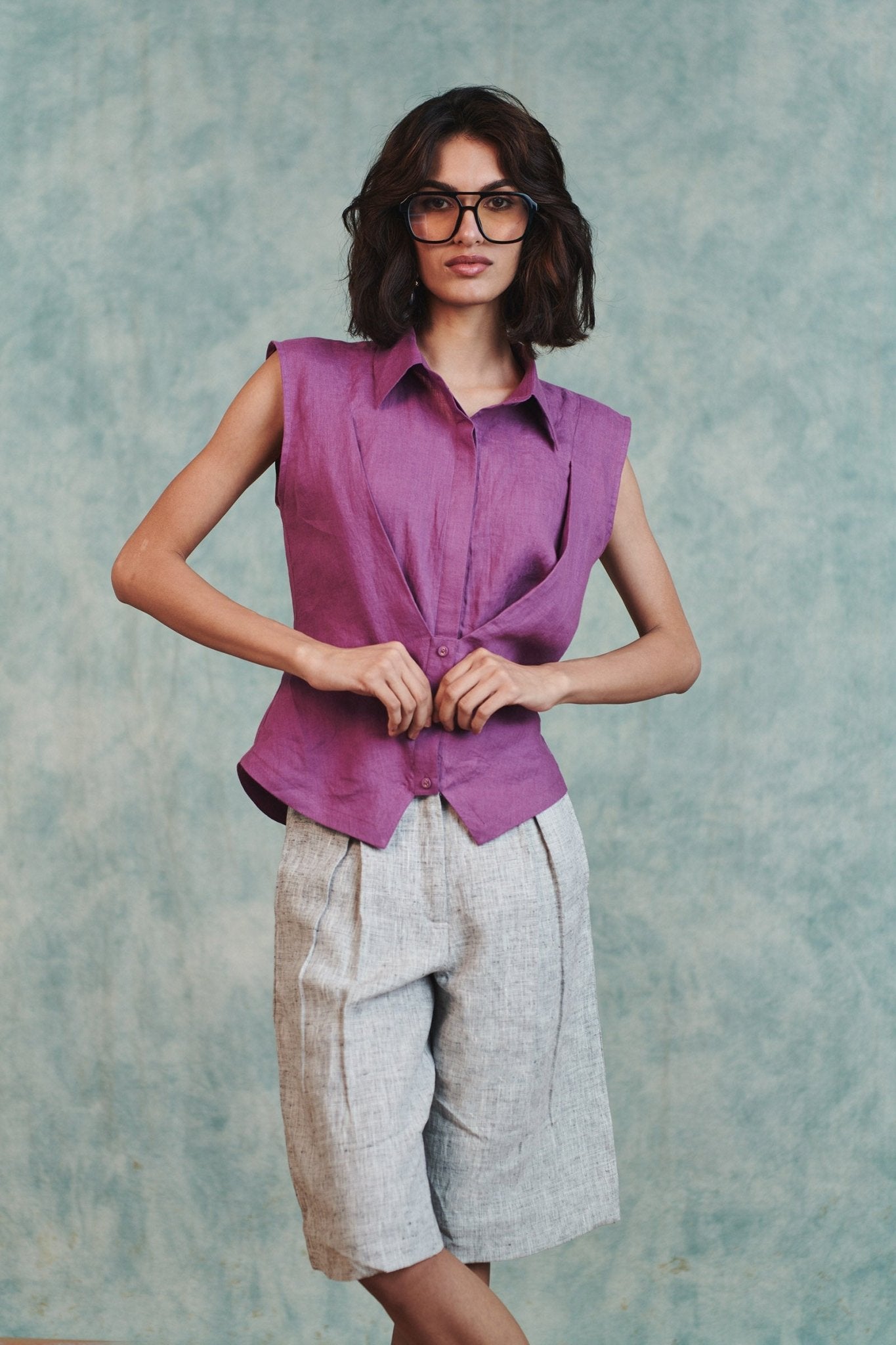 Berry Linen Sleeveless Double Placket Top - CiceroniTopsSaphed