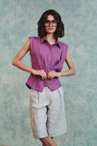 Berry Linen Sleeveless Double Placket Top - CiceroniTopsSaphed