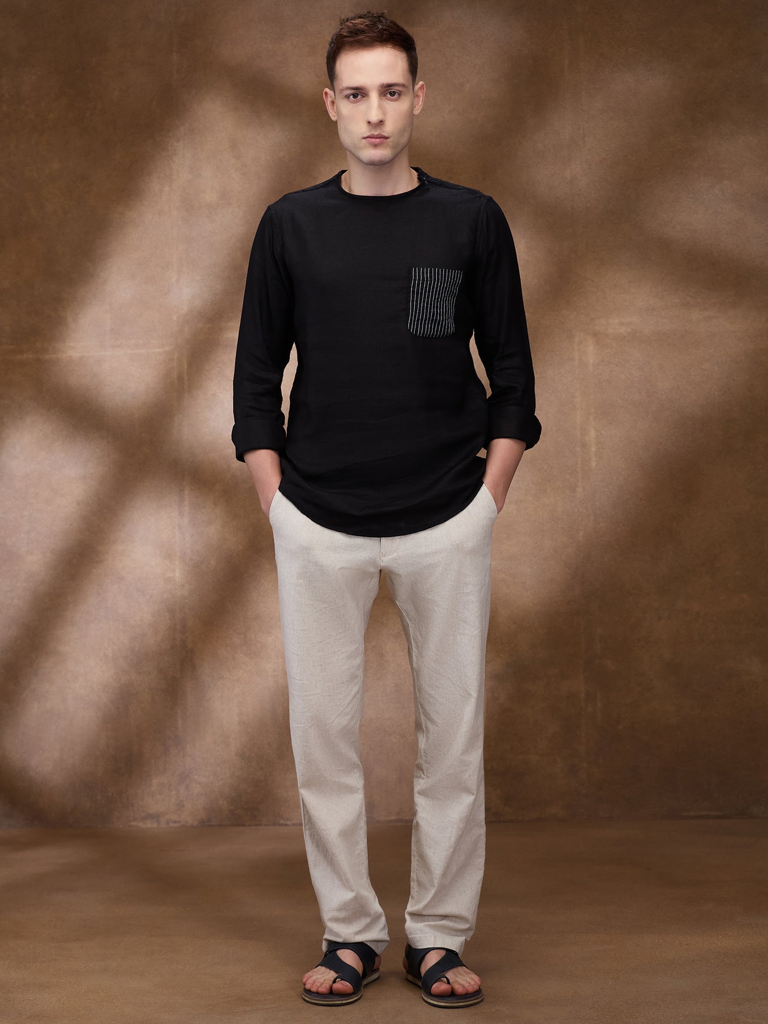 Black 100% Linen Zippered Kurta - CiceroniMen Shirtsbhrāta