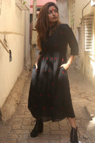 Black Mandarin Collared Midi Dress in Jamdani - CiceroniDressesPrathaa