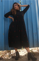 Black Mandarin Collared Midi Dress in Jamdani - CiceroniDressesPrathaa