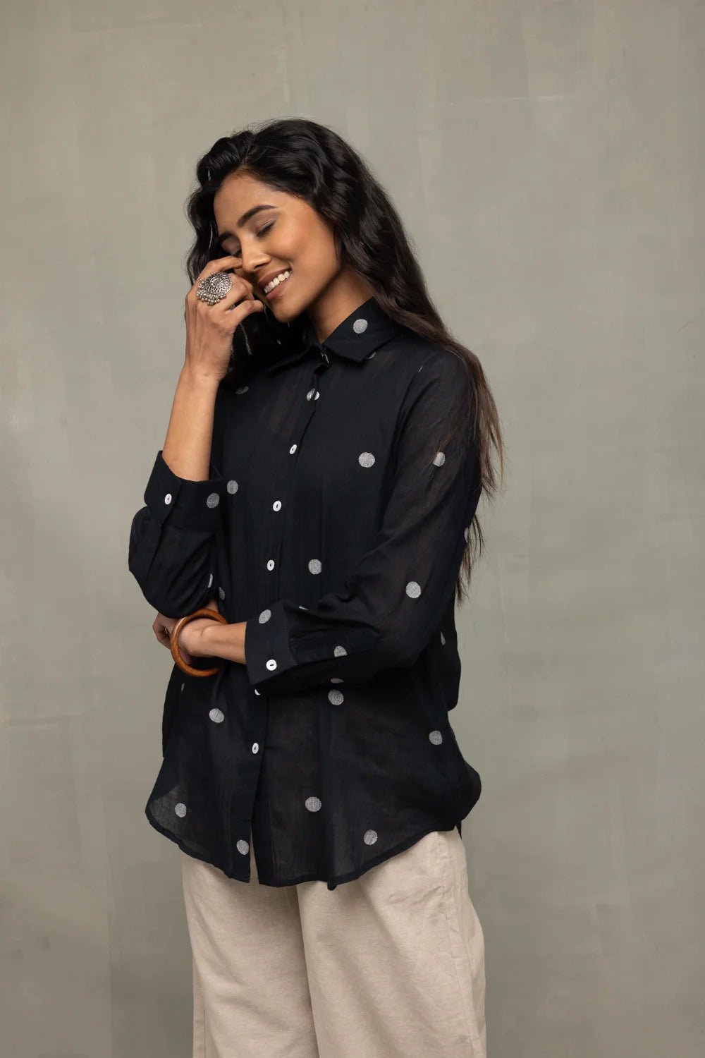 Black Polka Jamdani Shirt - CiceroniWomen ShirtsSutra Art of Clothing