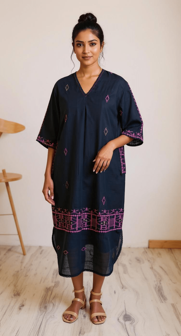 Black with Pink Border Jamdani - Anti Fit Kurta - CiceroniDressesBhomra