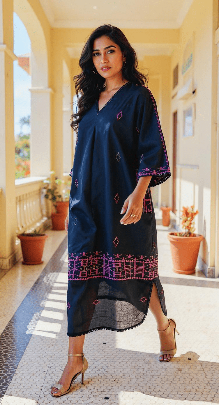 Black with Pink Border Jamdani - Anti Fit Kurta - CiceroniDressesBhomra