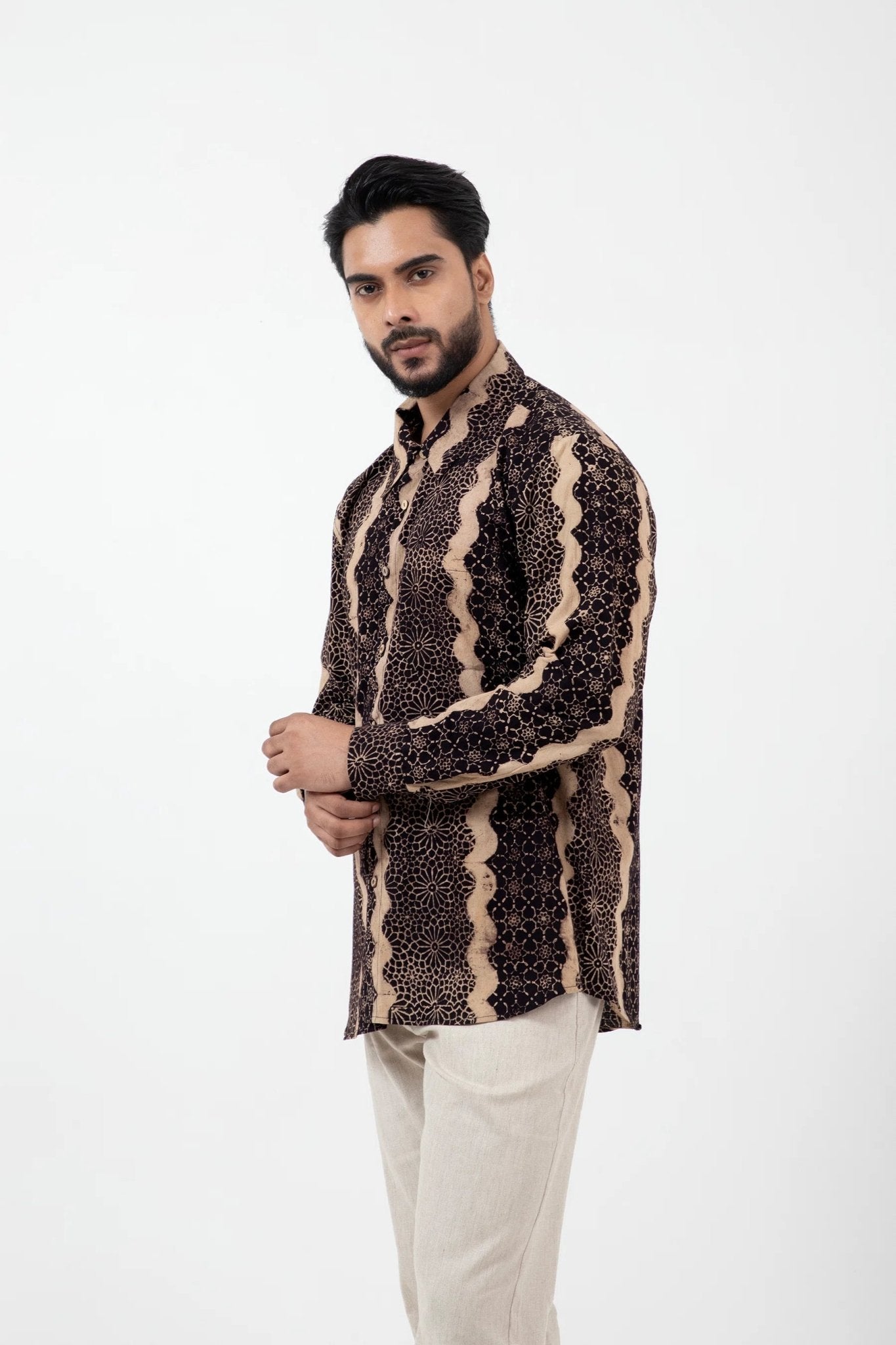 Block Printed Black Waves Everywhere Shirt - CiceroniMen ShirtsInkriti