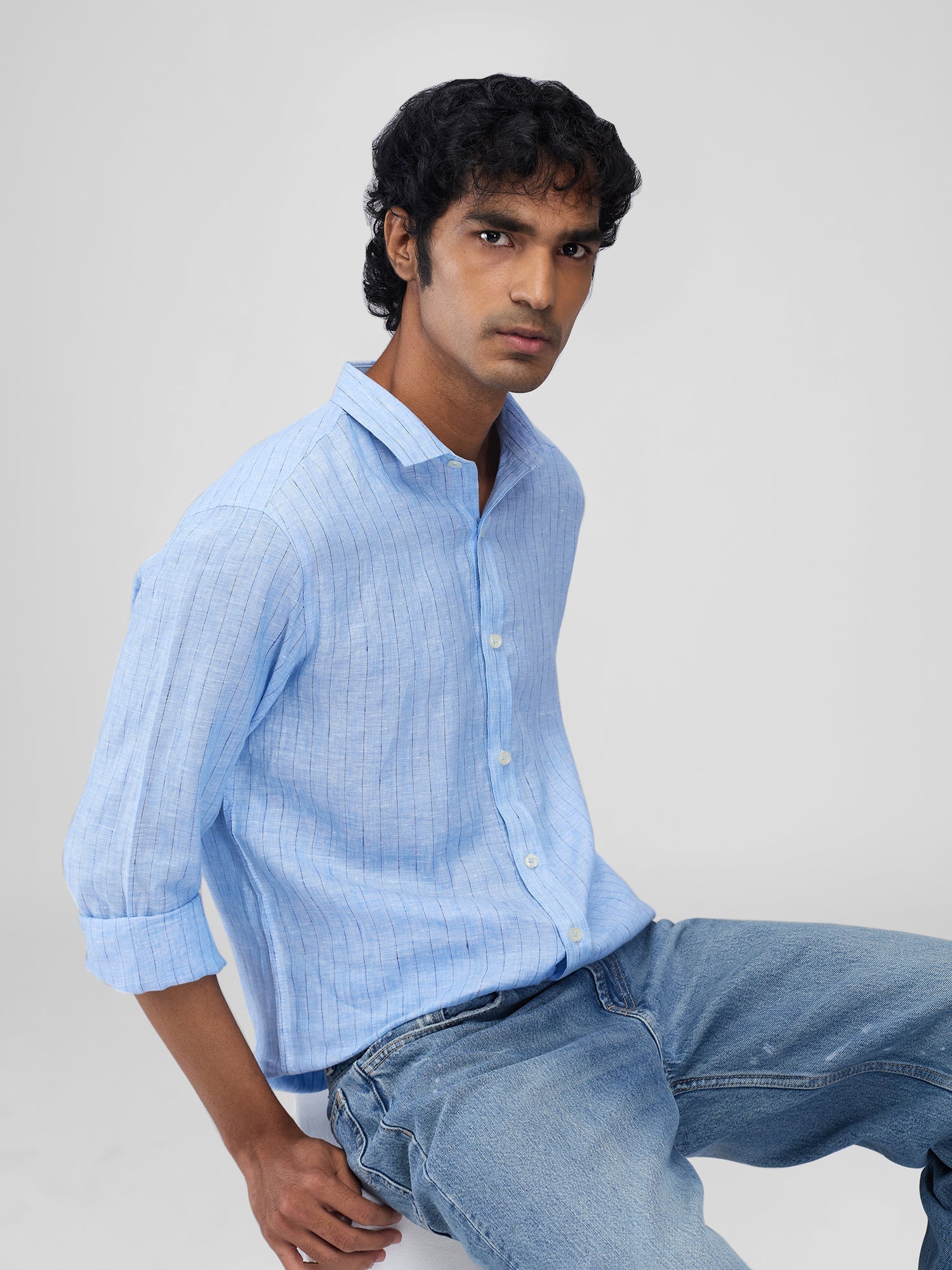 Blue 100% Linen Stripes Shirt - CiceroniMen Shirtsbhrāta