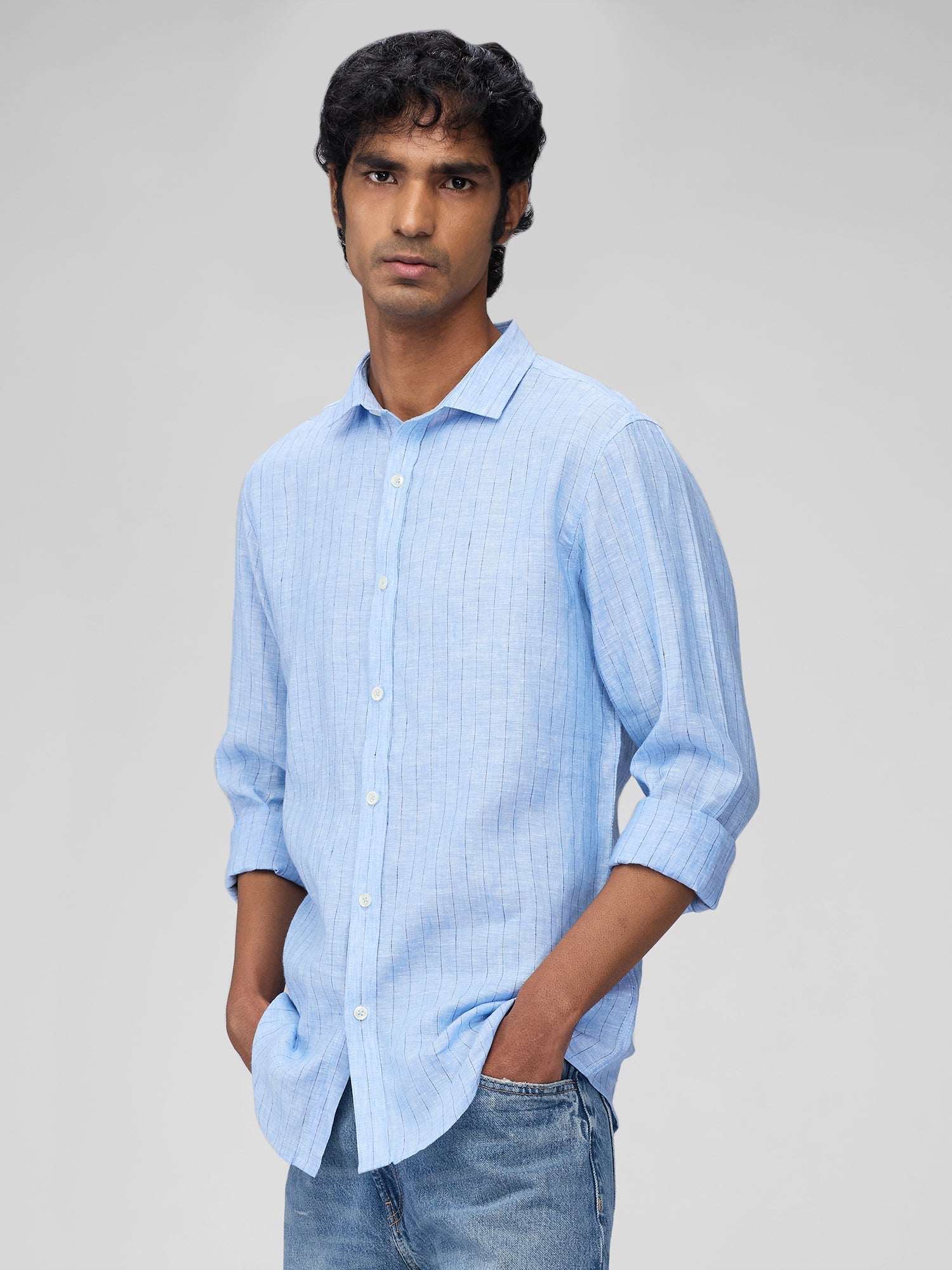 Blue 100% Linen Stripes Shirt - CiceroniMen Shirtsbhrāta