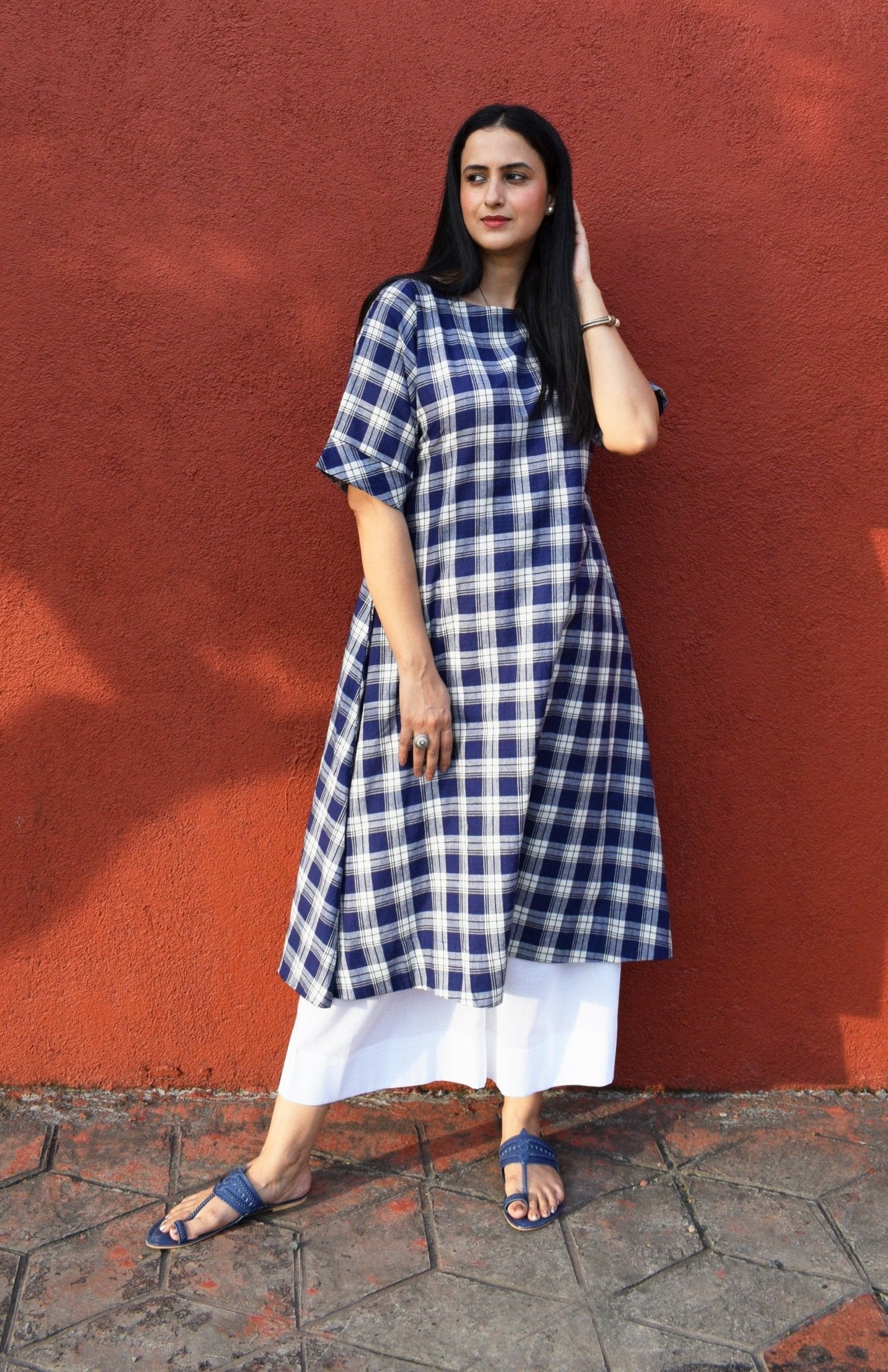 Blue and White Checks Kurta Set in handwoven checks and White Pyjama - CiceroniKurta Set, Everyday WearHouse of Moxa