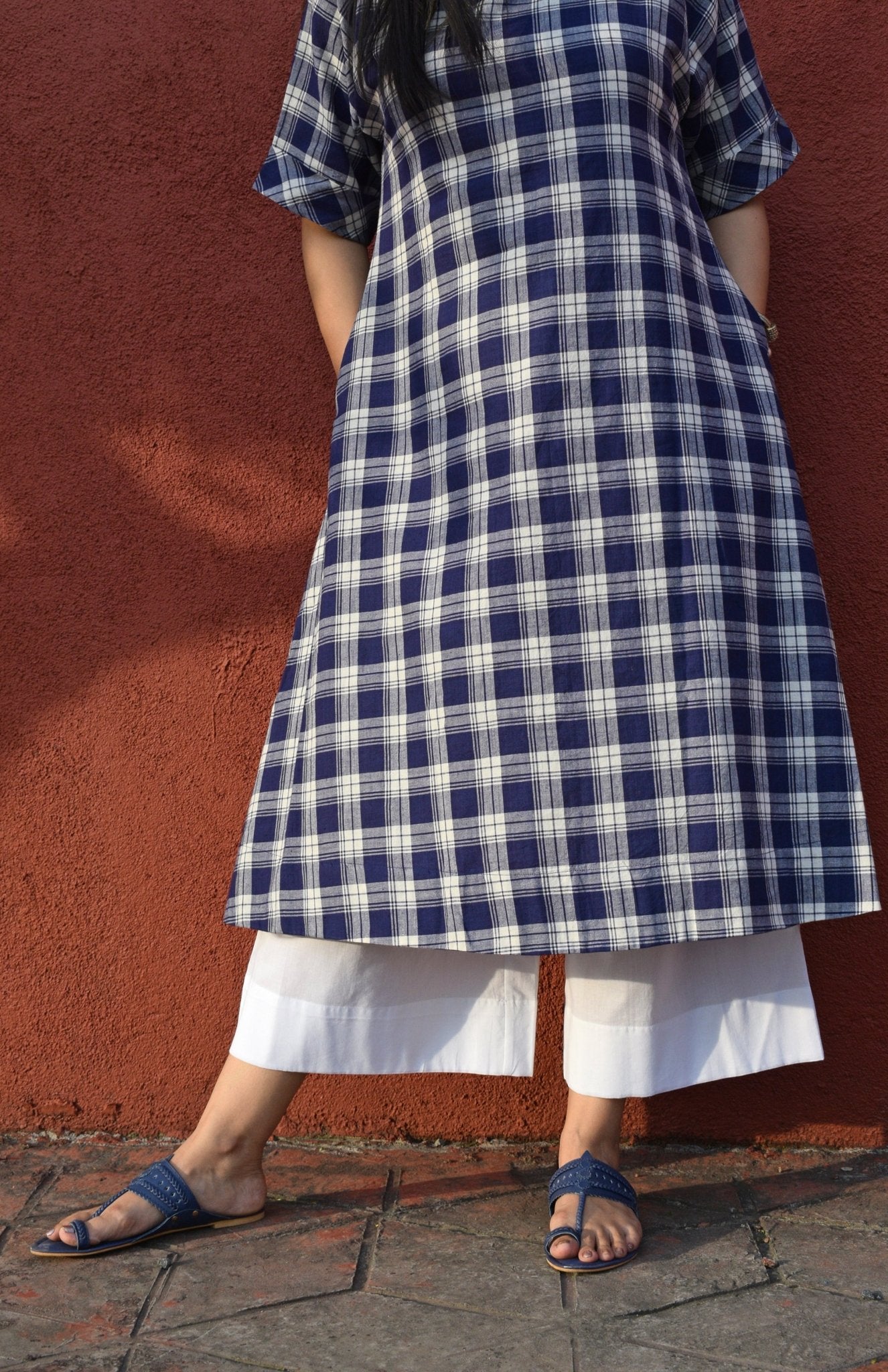 Blue and White Checks Kurta Set in handwoven checks and White Pyjama - CiceroniKurta Set, Everyday WearHouse of Moxa