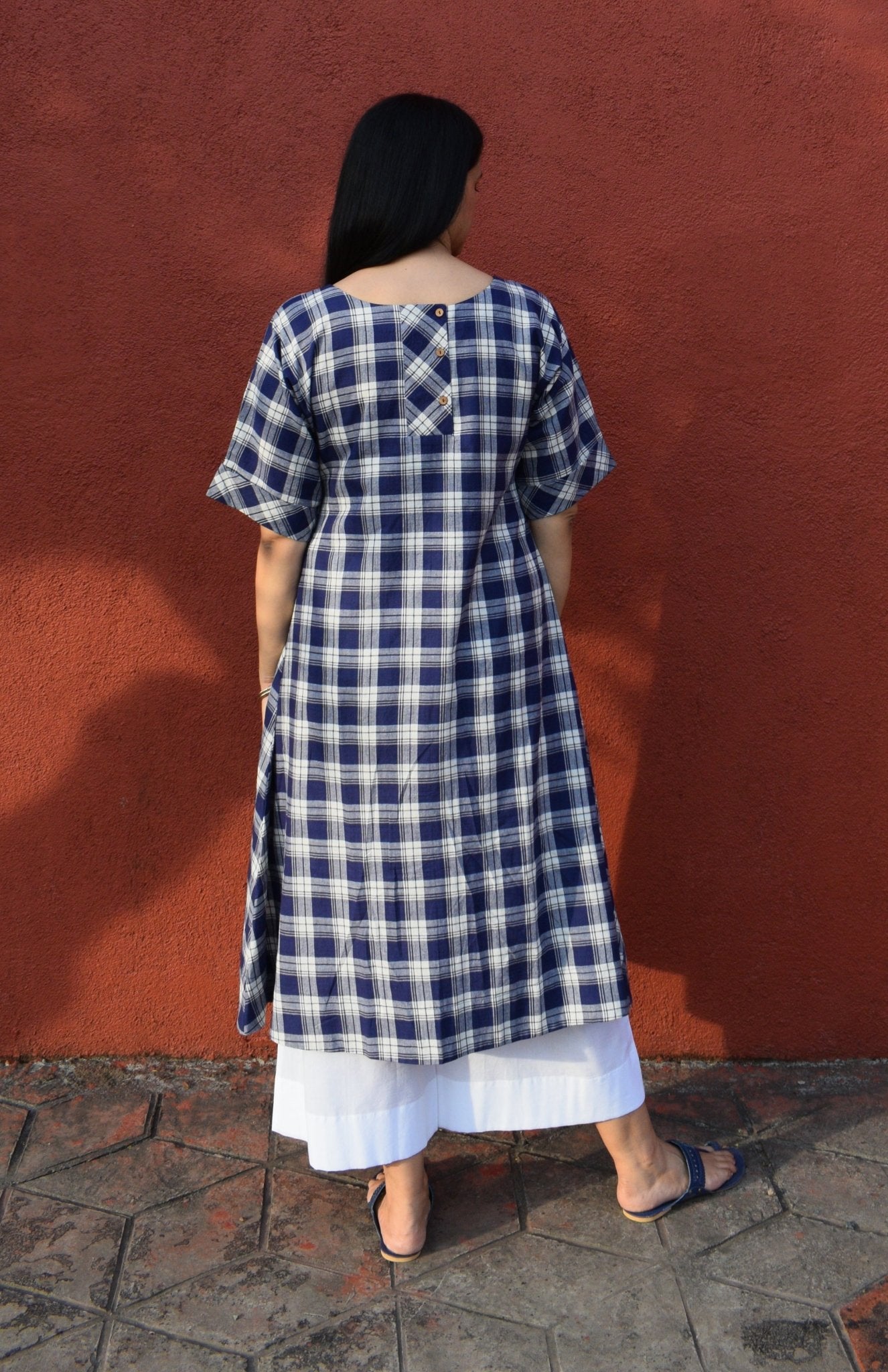 Blue and White Checks Kurta Set in handwoven checks and White Pyjama - CiceroniKurta Set, Everyday WearHouse of Moxa