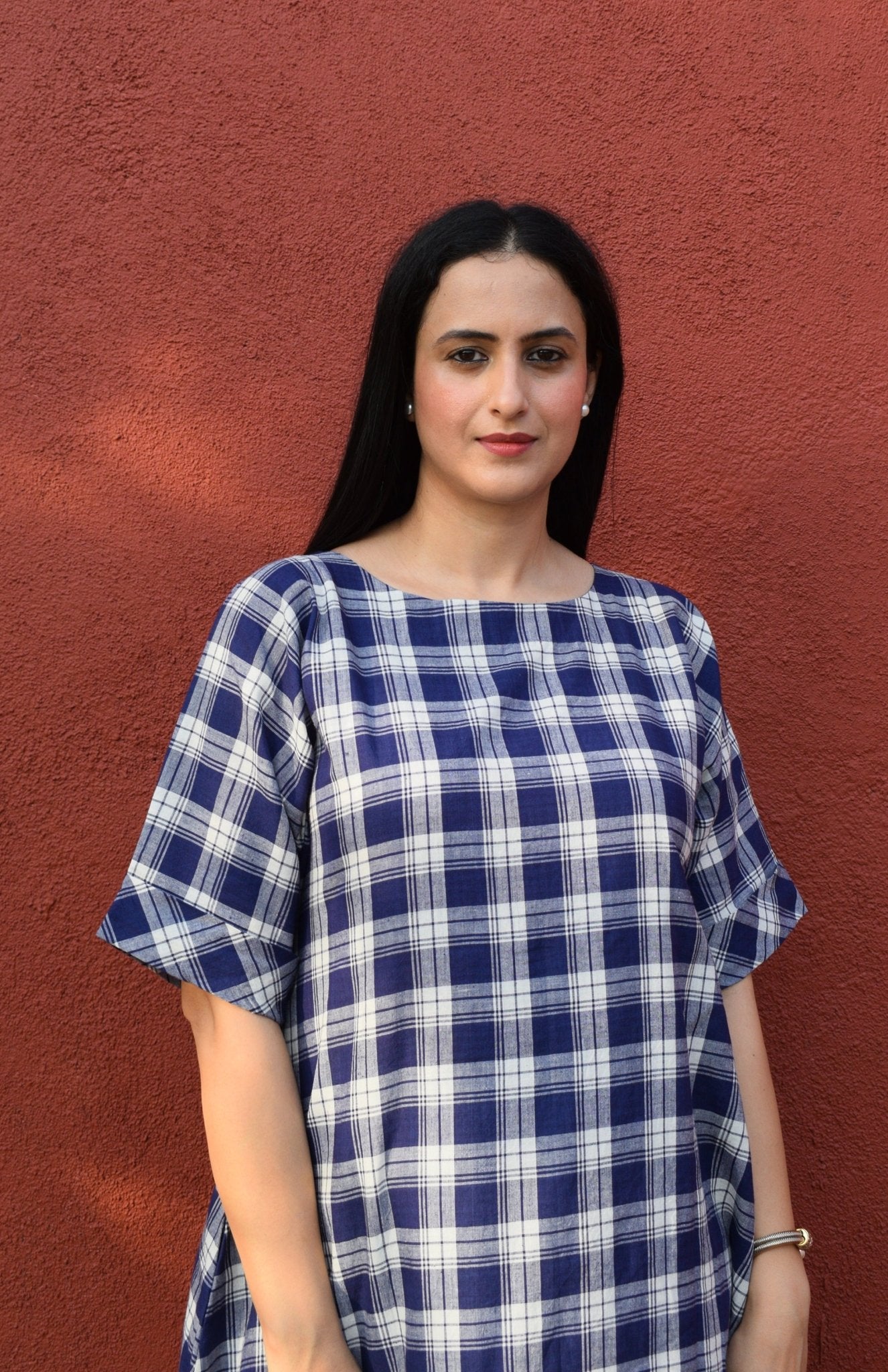 Blue and White Checks Kurta Set in handwoven checks and White Pyjama - CiceroniKurta Set, Everyday WearHouse of Moxa