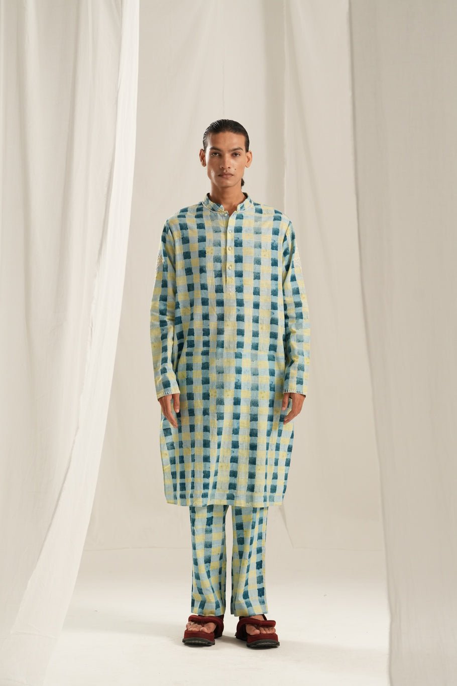 Blue Check Emb. Kurta Set - CiceroniKurta Set, Festive WearTil