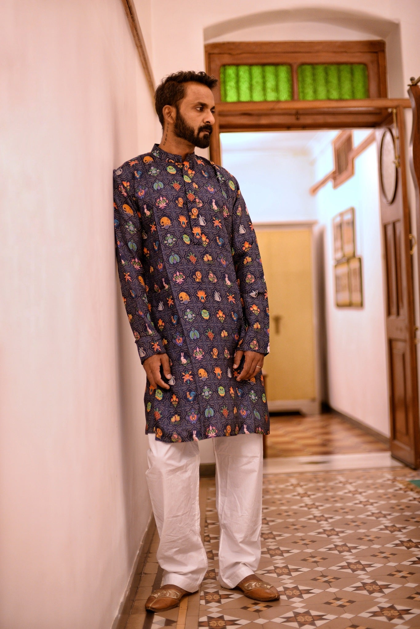 Blue Floral Motif Kurta - CiceroniKurta, Festive WearHouse Of K.C